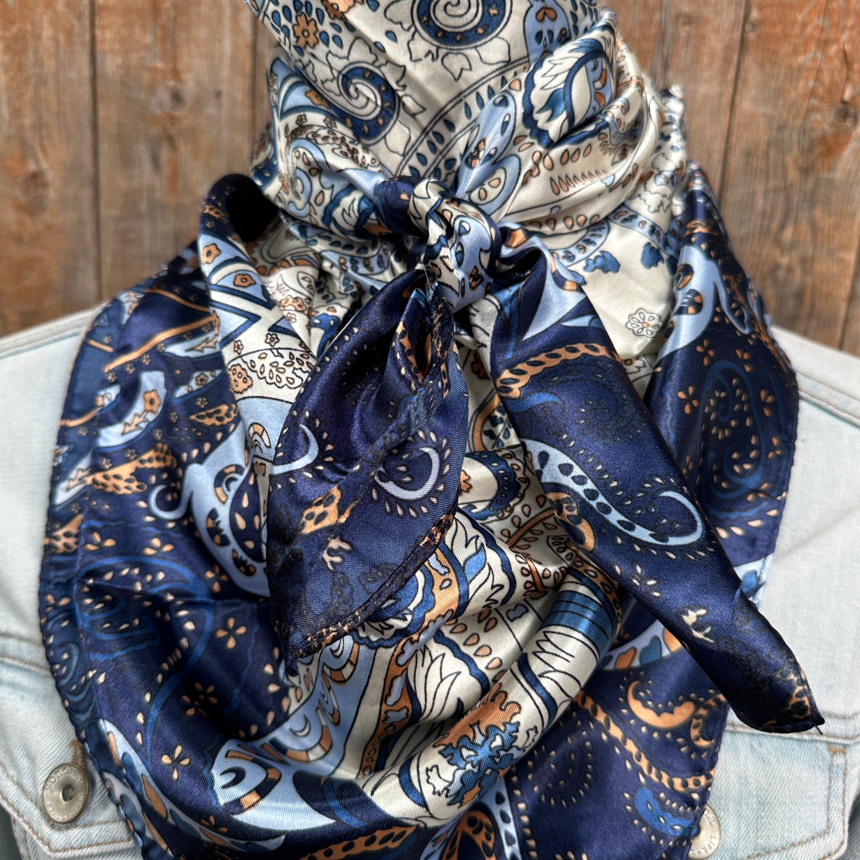 35X35"  Blue, Cream and Tan Paisley Wild Rag / Scarf WR1002