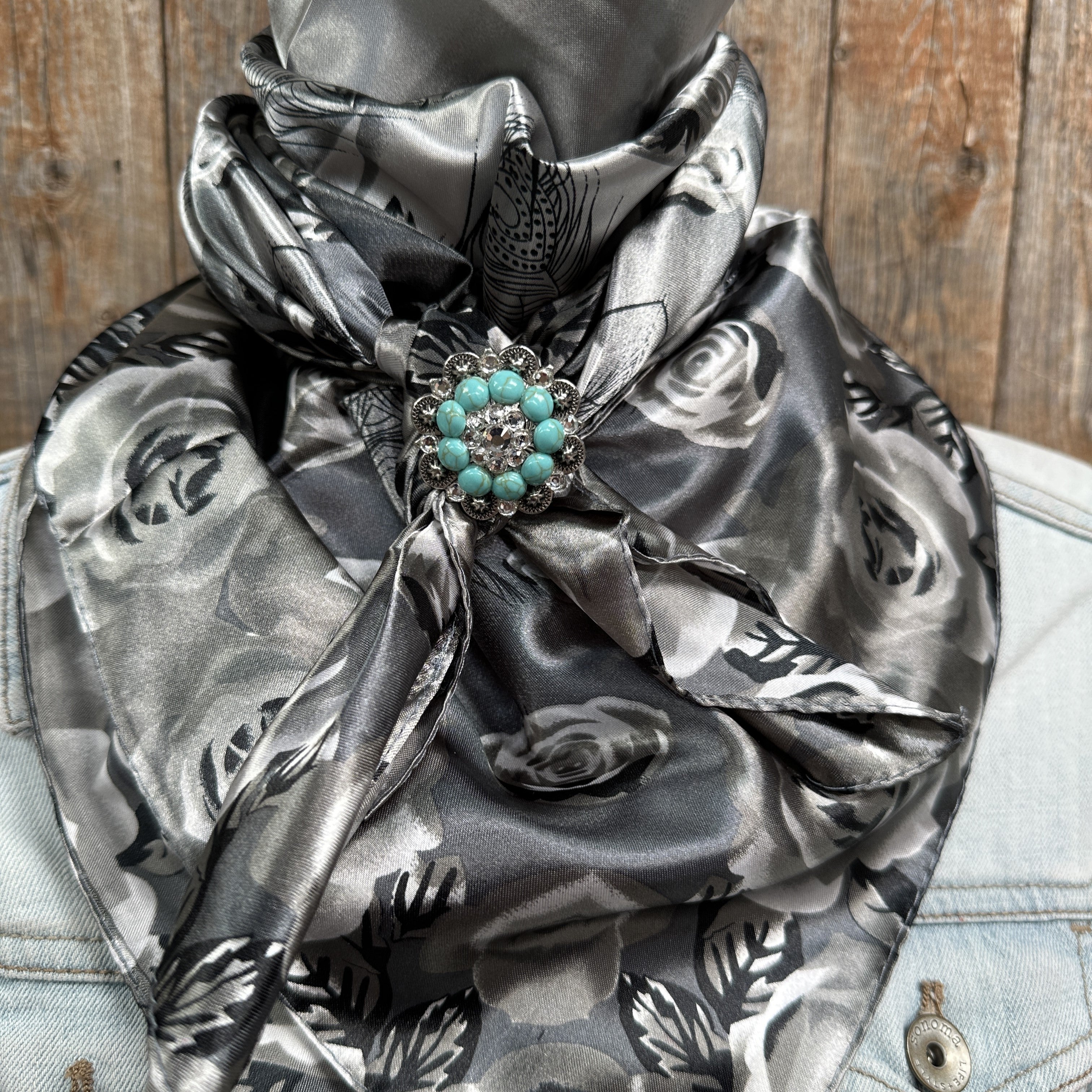 35X35" Grey Roses Wild Rag / Scarf -Antique Silver Turquoise and Clear Slide WRC1008B