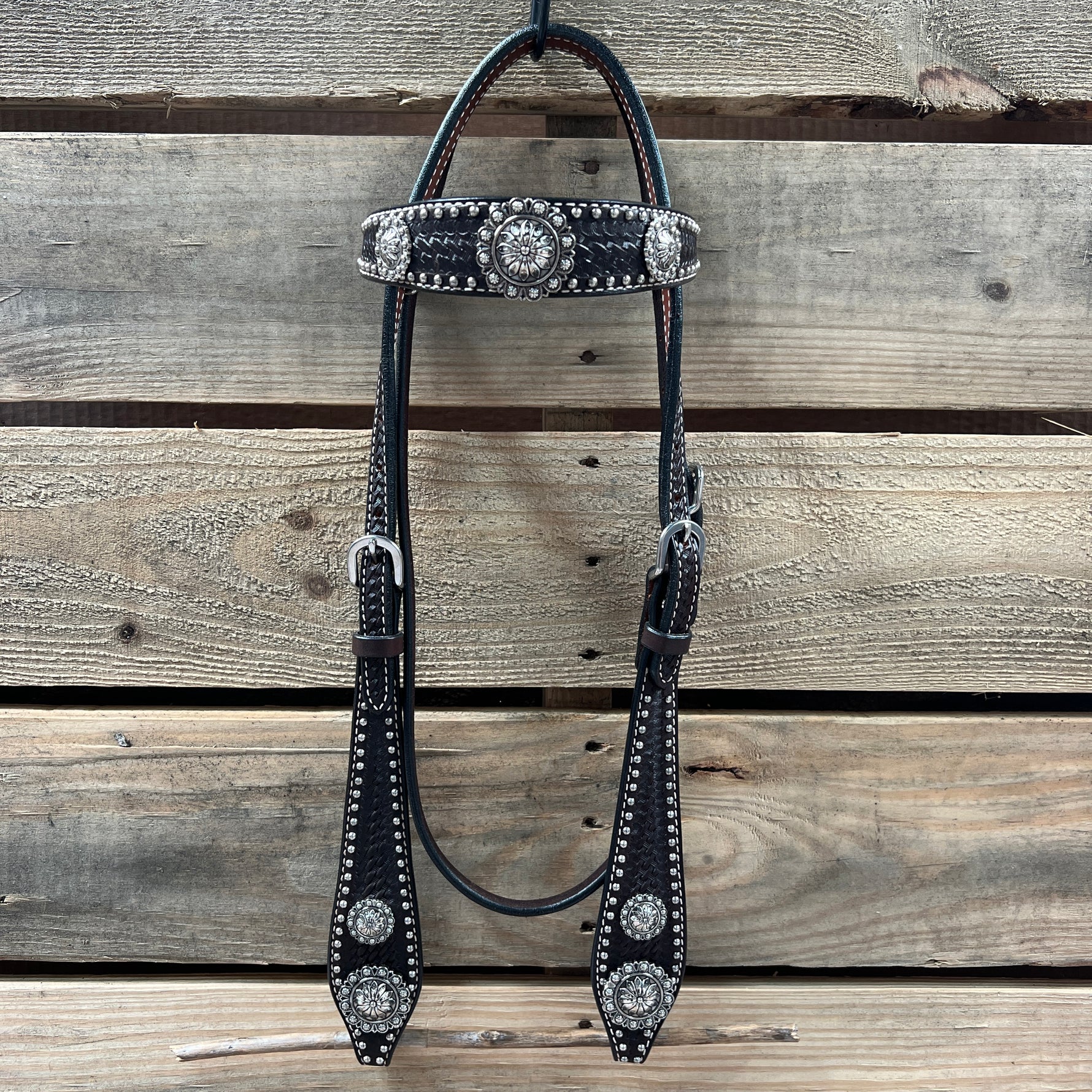 Dark Oil Silver Dot Antique Silver Floral Browband / One Ear Tack Set #BBBC631