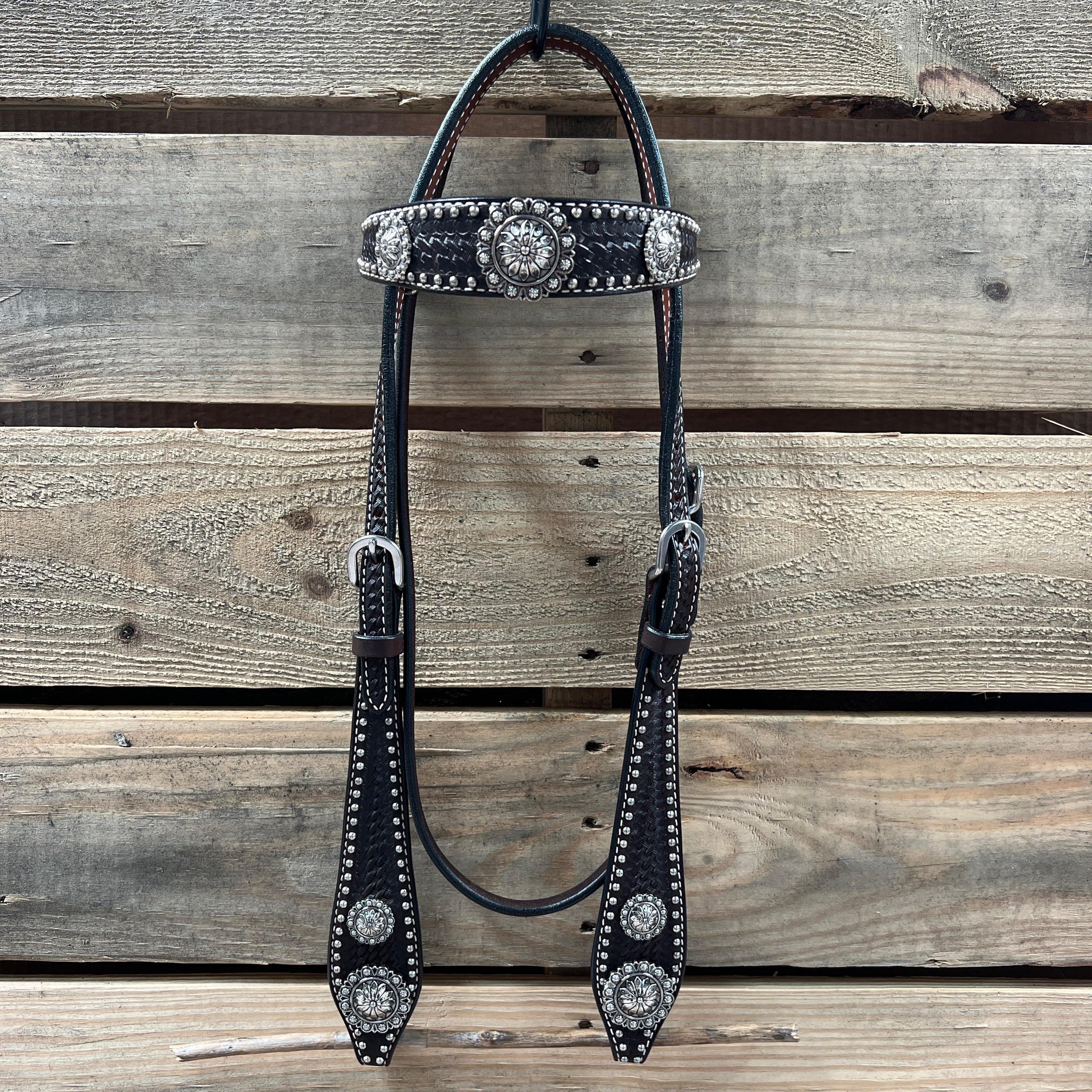 Dark Oil Silver Dot Antique Silver Floral Browband / One Ear Tack Set #BBBC631