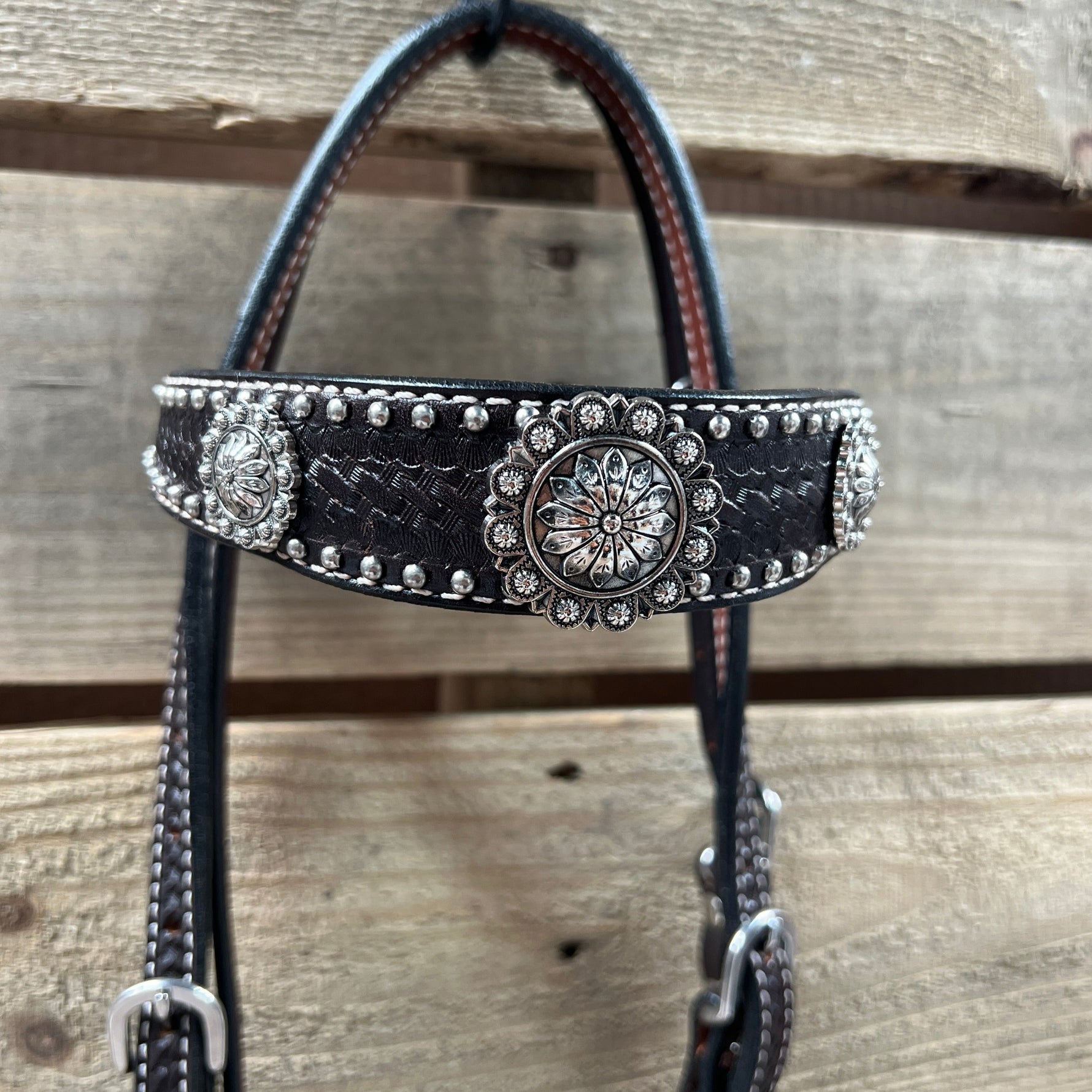 Dark Oil Silver Dot Antique Silver Floral Browband / One Ear Tack Set #BBBC631