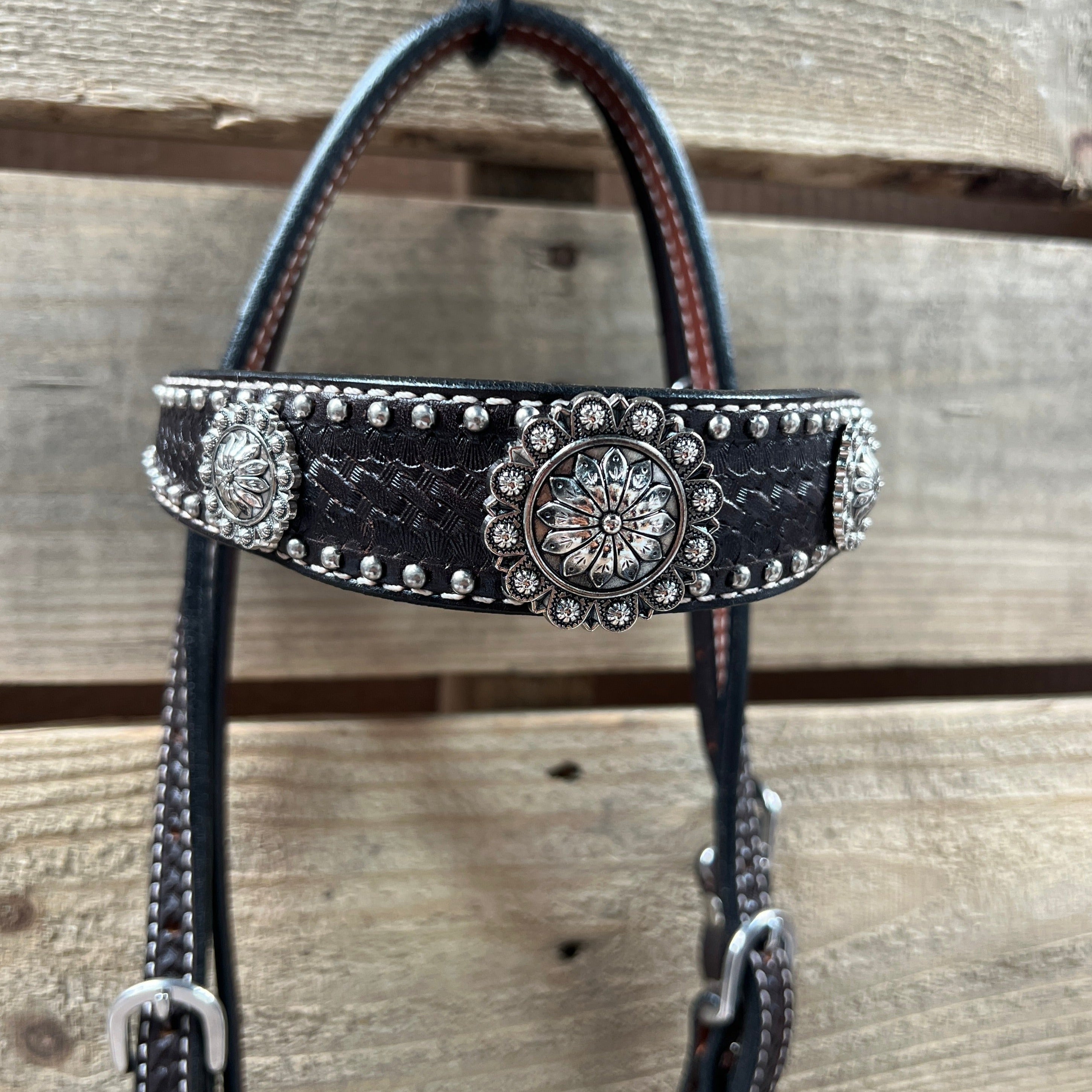 Dark Oil Silver Dot Antique Silver Floral Browband / One Ear Tack Set #BBBC631