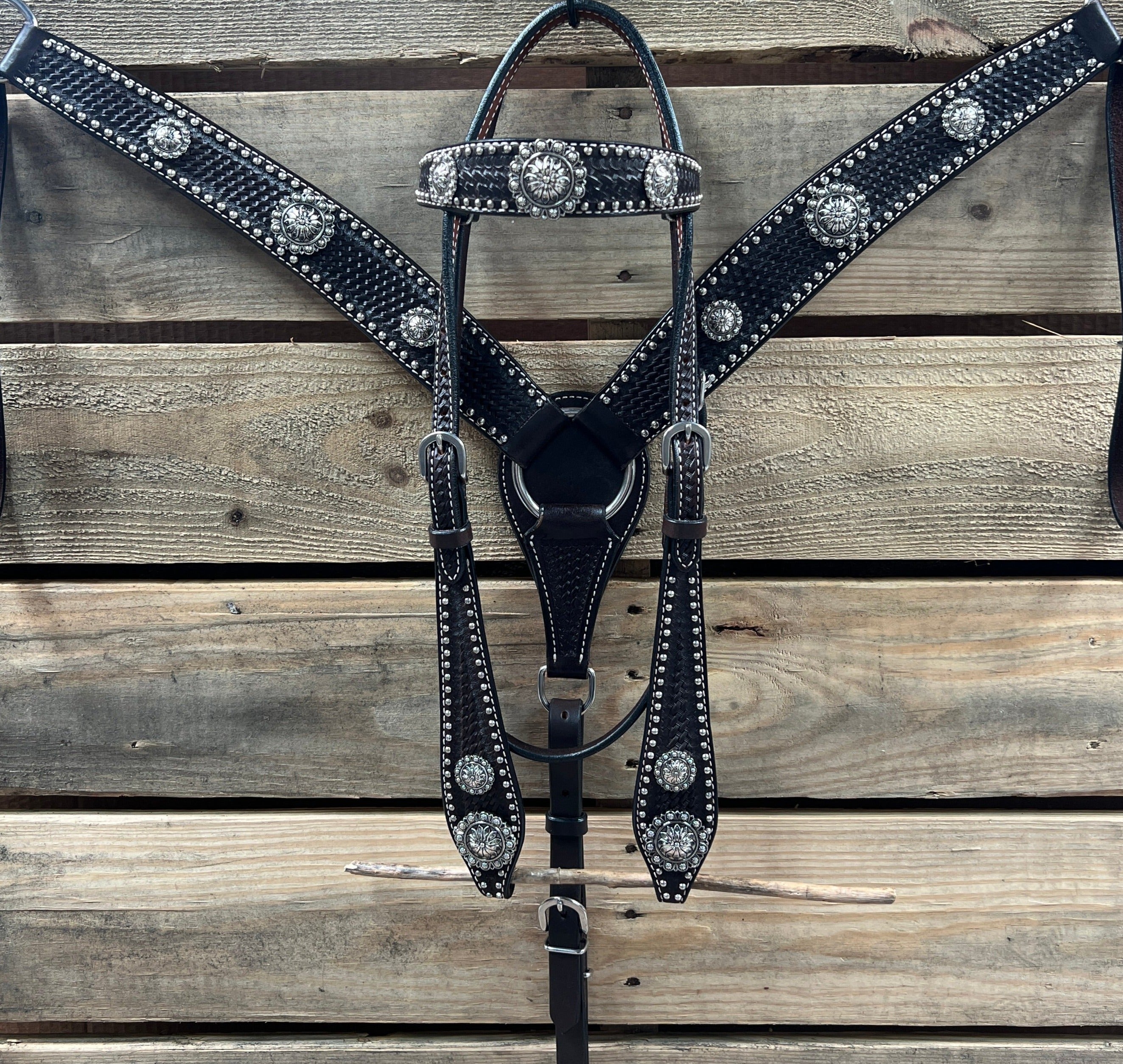 Dark Oil Silver Dot Antique Silver Floral Browband / One Ear Tack Set #BBBC631