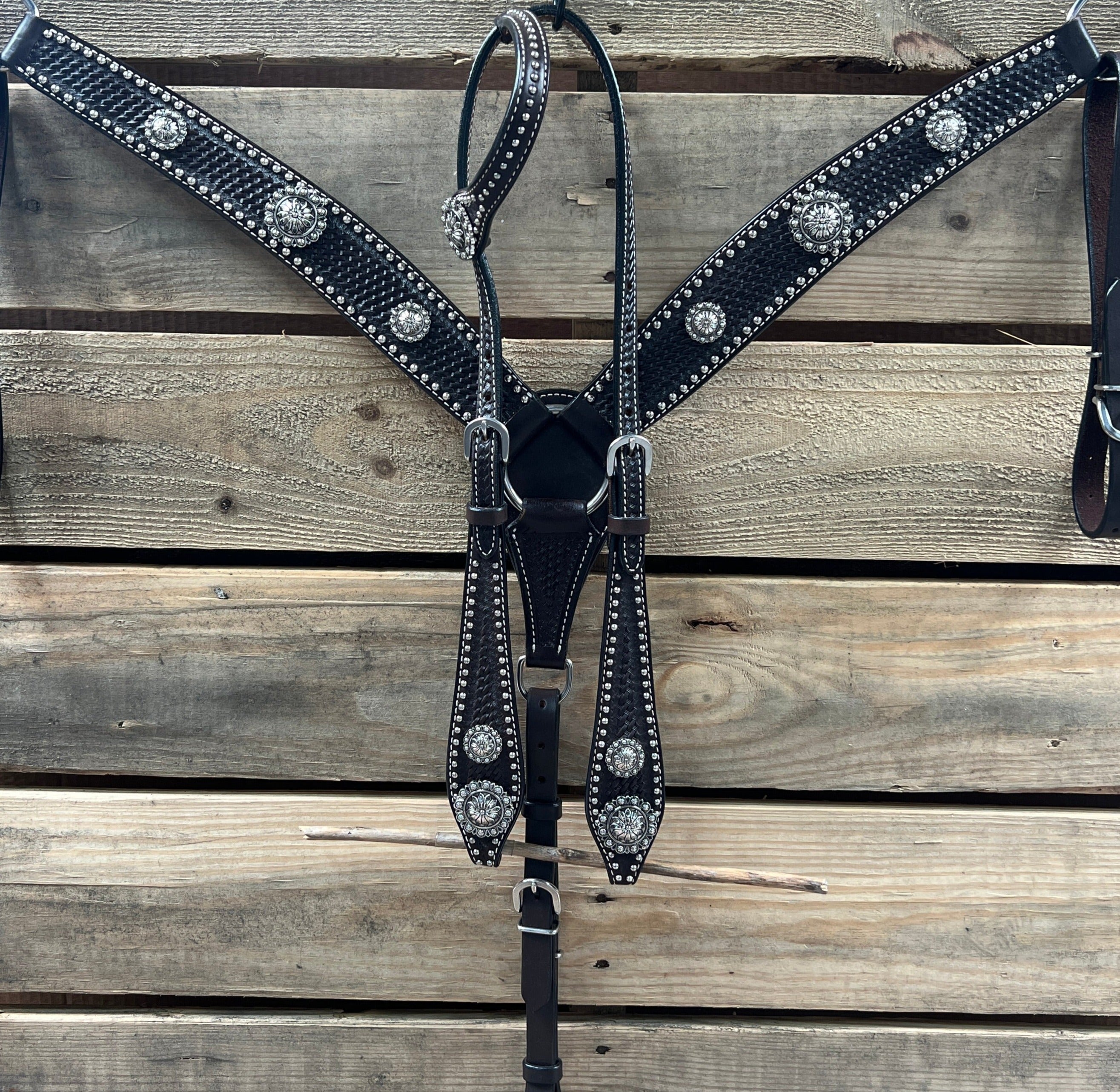 Dark Oil Silver Dot Antique Silver Floral Browband / One Ear Tack Set #BBBC631