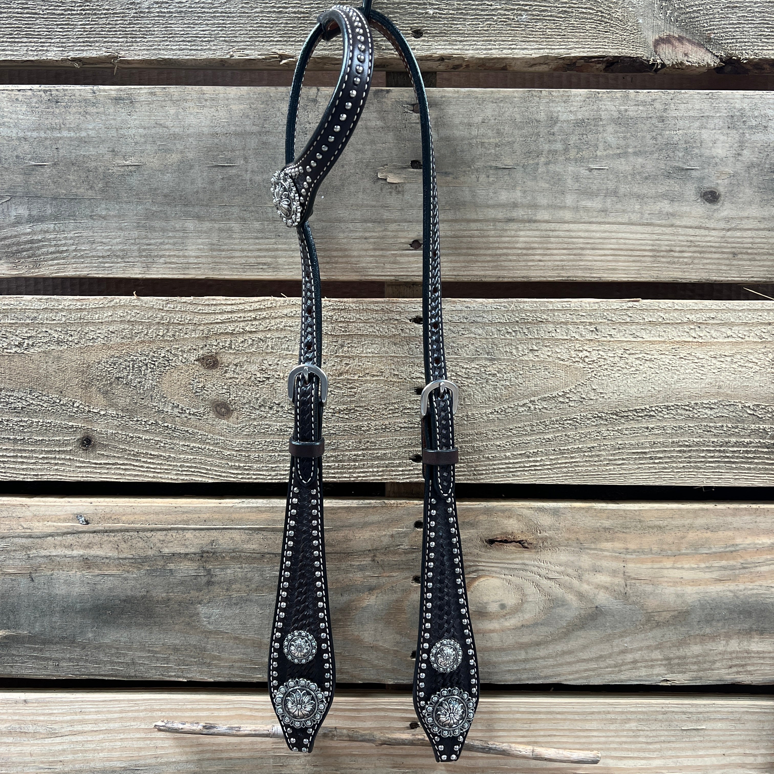 Dark Oil Silver Dot Antique Silver Floral Browband / One Ear Tack Set #BBBC631