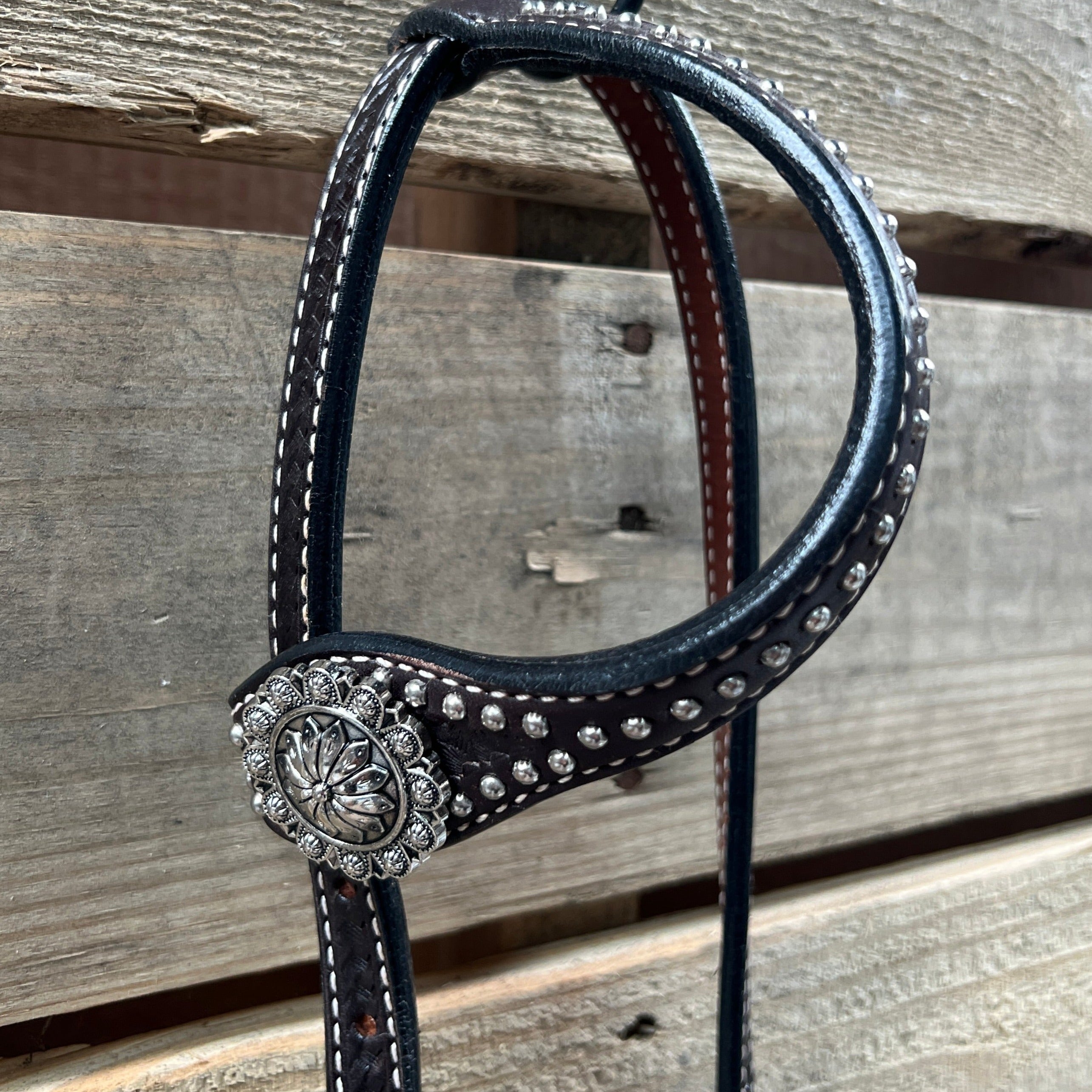 Dark Oil Silver Dot Antique Silver Floral Browband / One Ear Tack Set #BBBC631