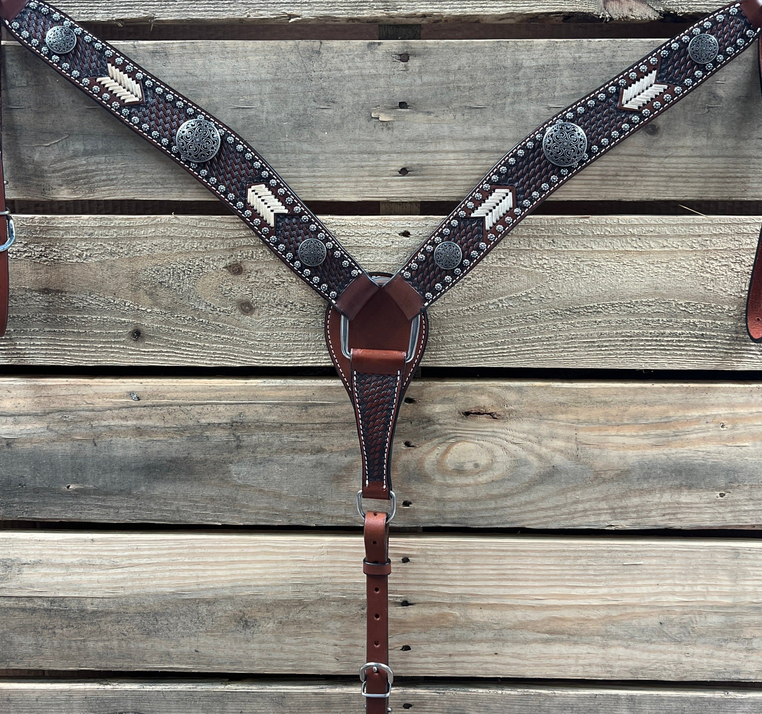 Rawhide Antique Silver Engraved Floral Western Conchos One Ear and Breastcollar Tack Set #OEBC632