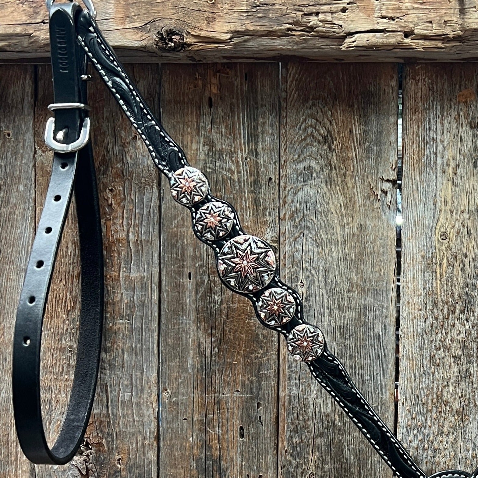 Black Floral Antique Silver Starburst Browband/One Ear Tack Set  #BBBC633