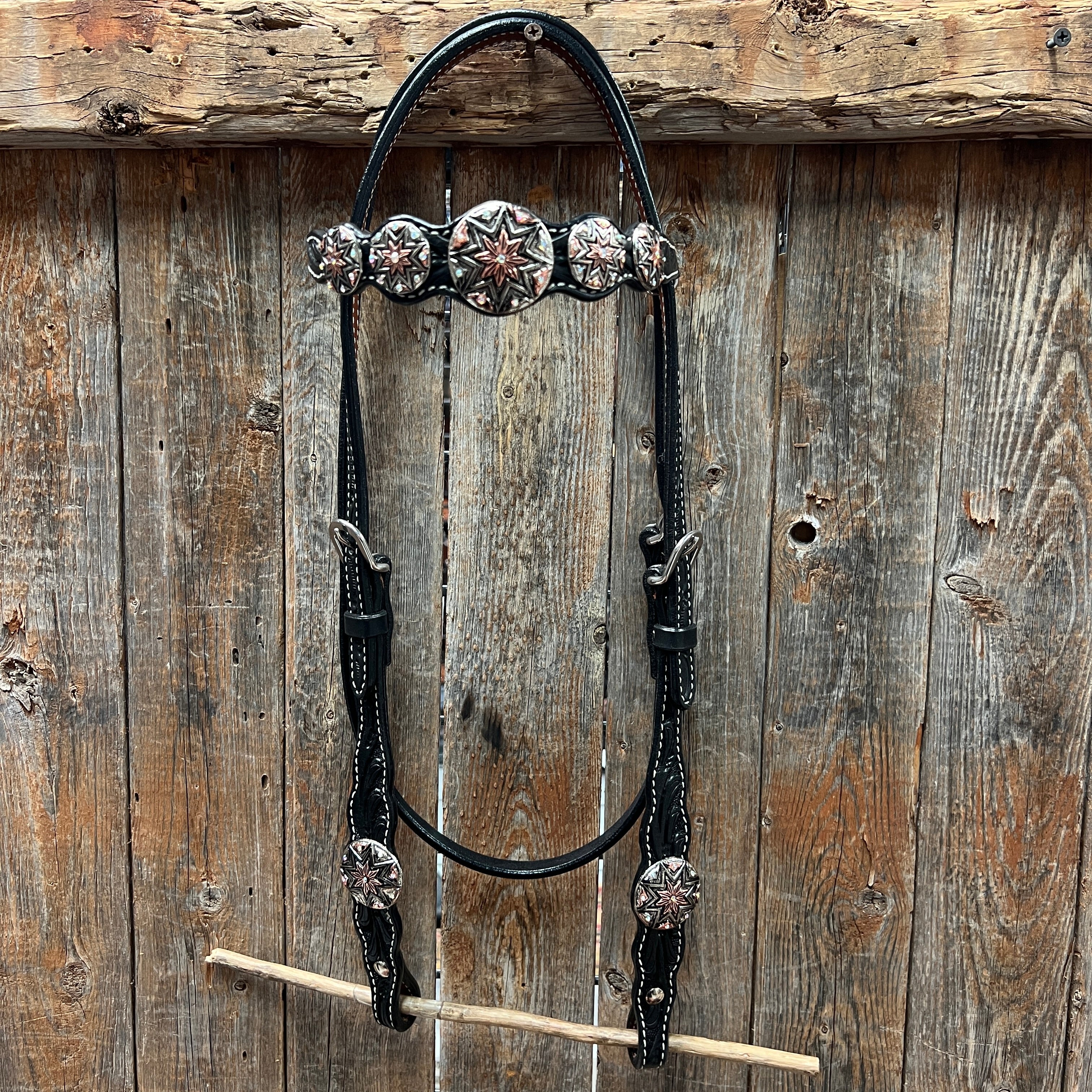 Black Floral Antique Silver Starburst Browband/One Ear Tack Set  #BBBC633