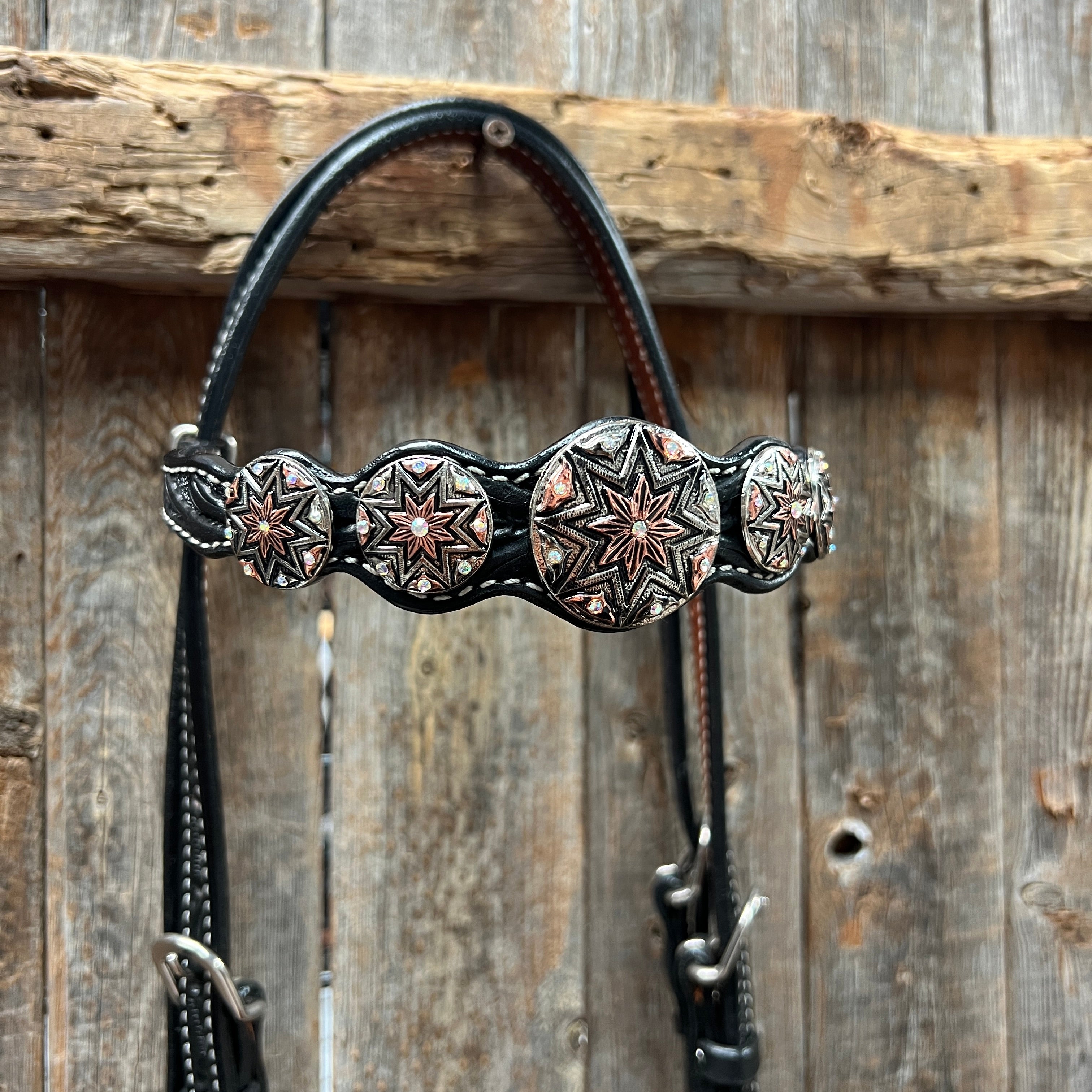 Black Floral Antique Silver Starburst Browband/One Ear Tack Set  #BBBC633