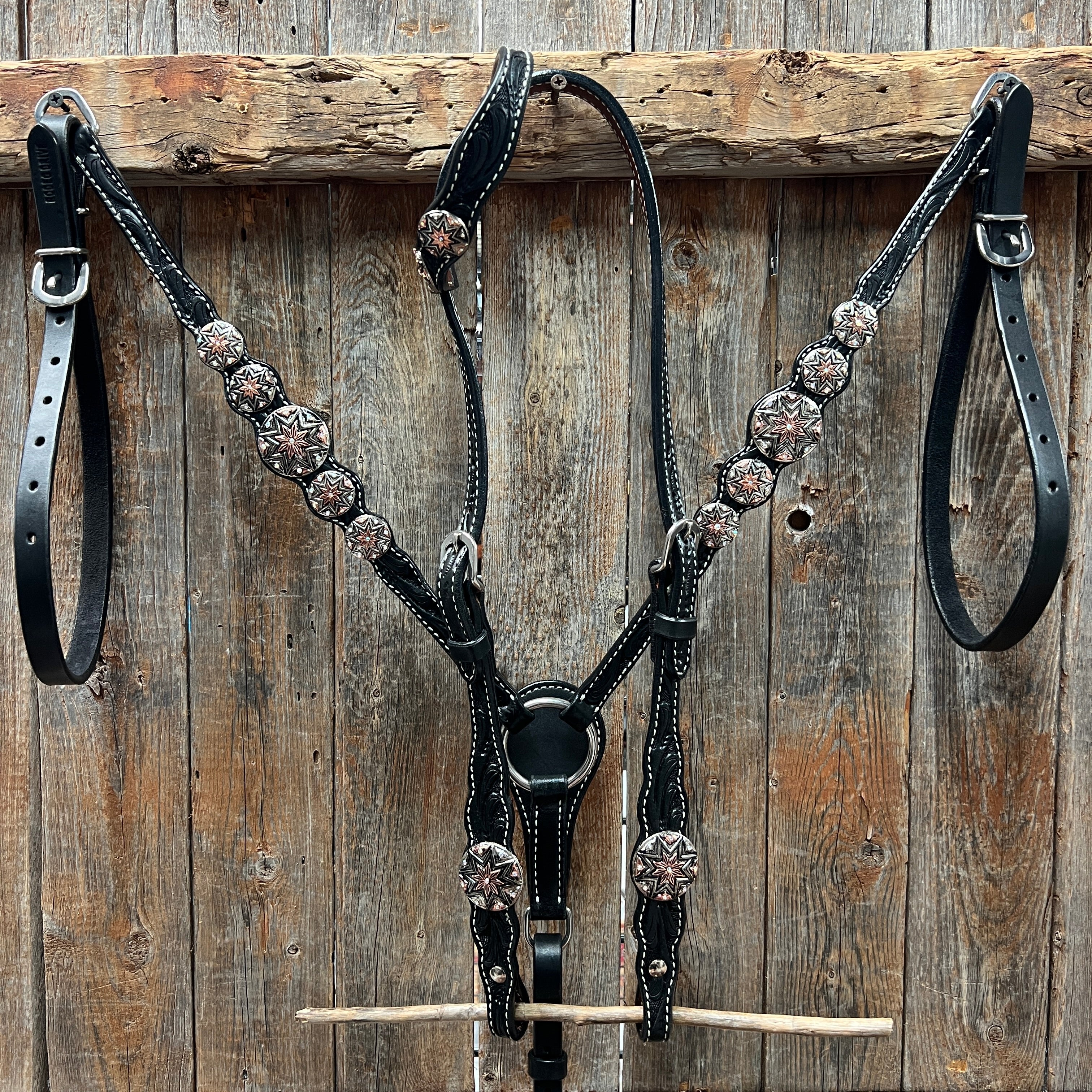 Black Floral Antique Silver Starburst Browband/One Ear Tack Set  #BBBC633