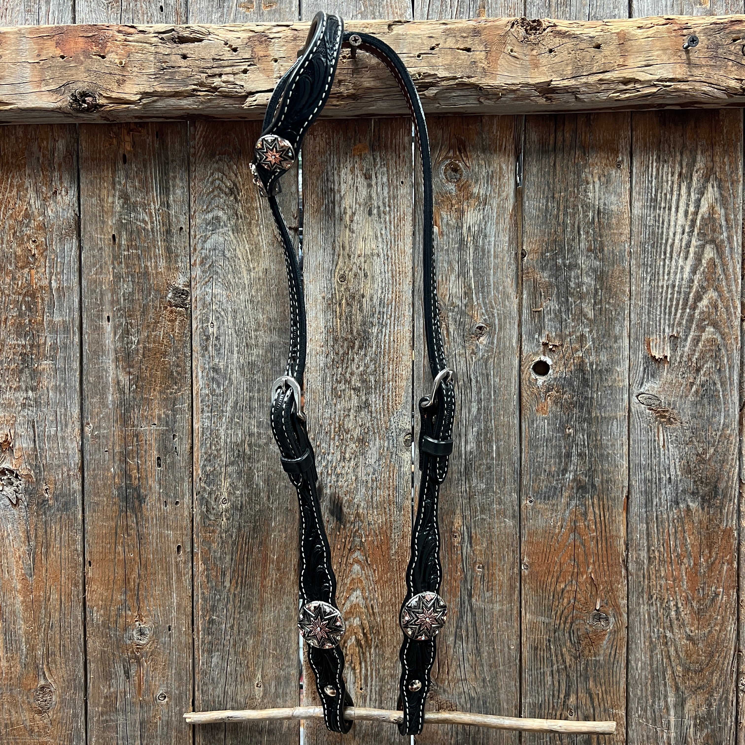 Black Floral Antique Silver Starburst Browband/One Ear Tack Set  #BBBC633