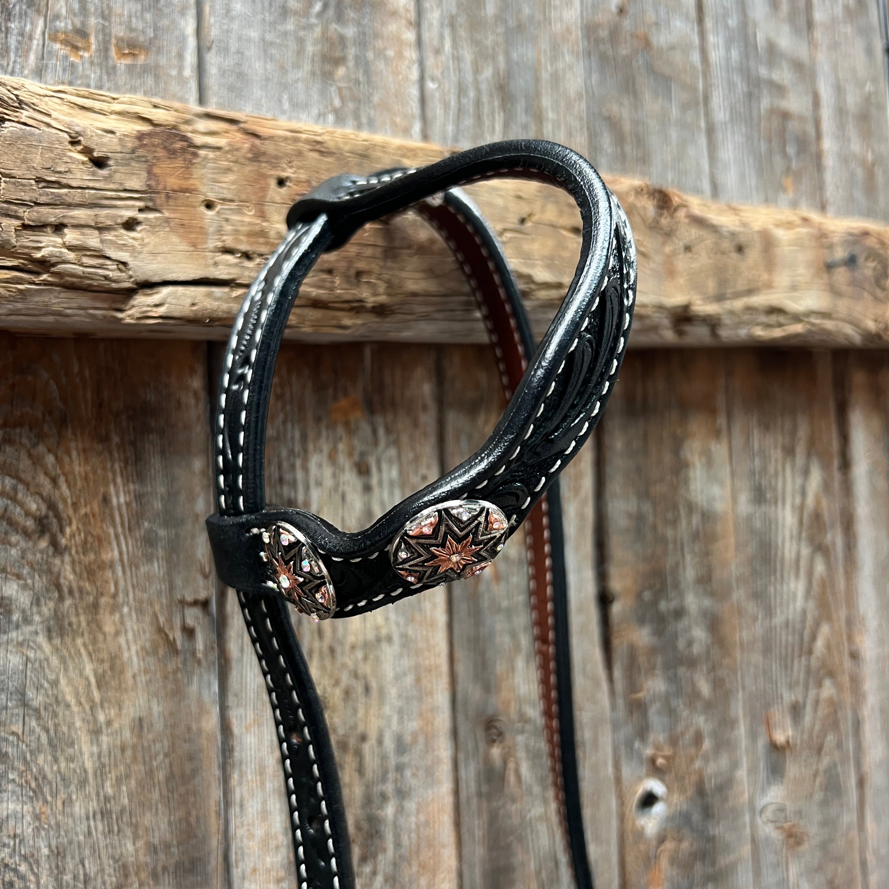 Black Floral Antique Silver Starburst Browband/One Ear Tack Set  #BBBC633