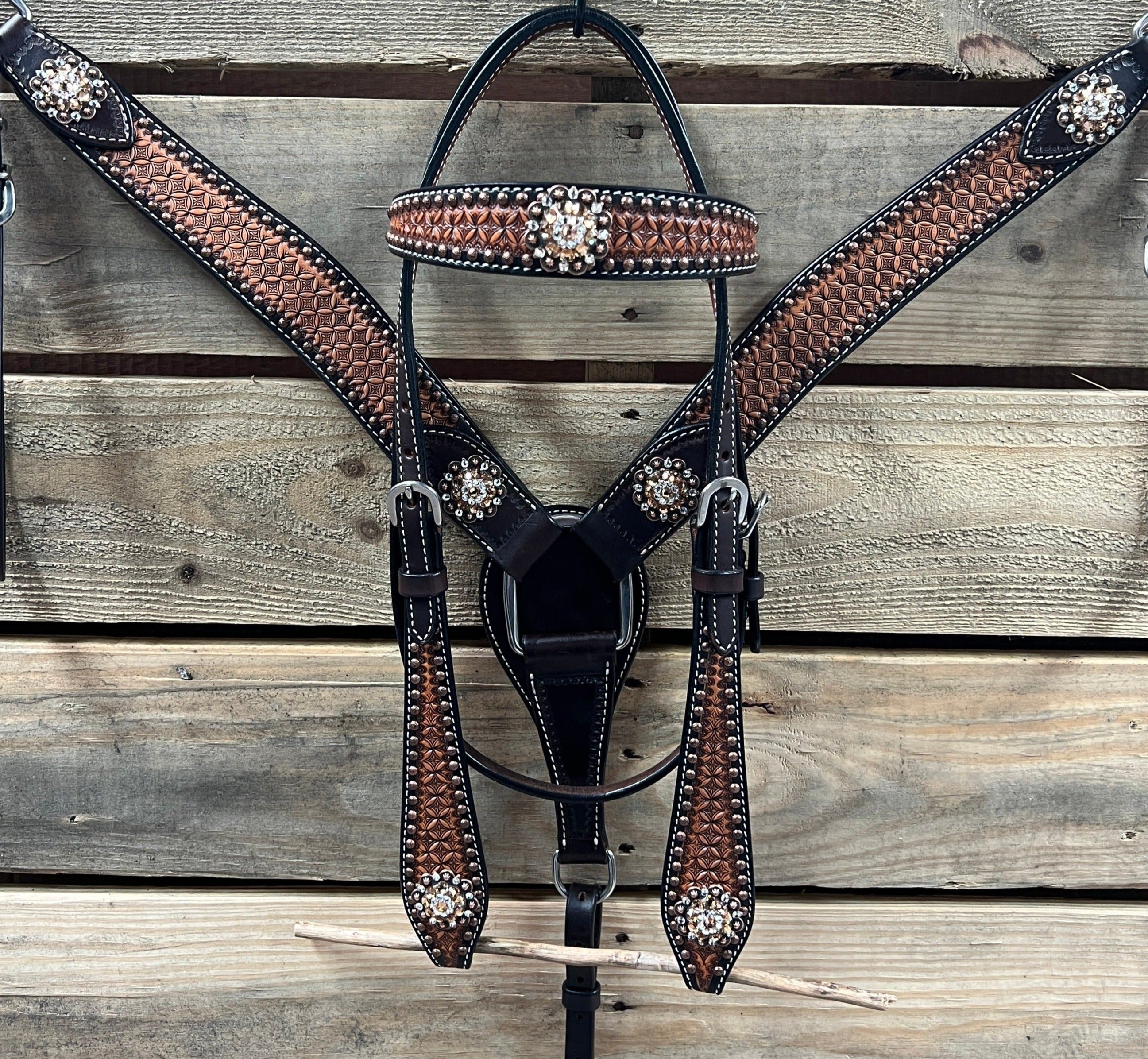 Two Tone Honeycomb Copper Dot Champagne and Clear Browband / Breastcollar Tack Set #BBBC628