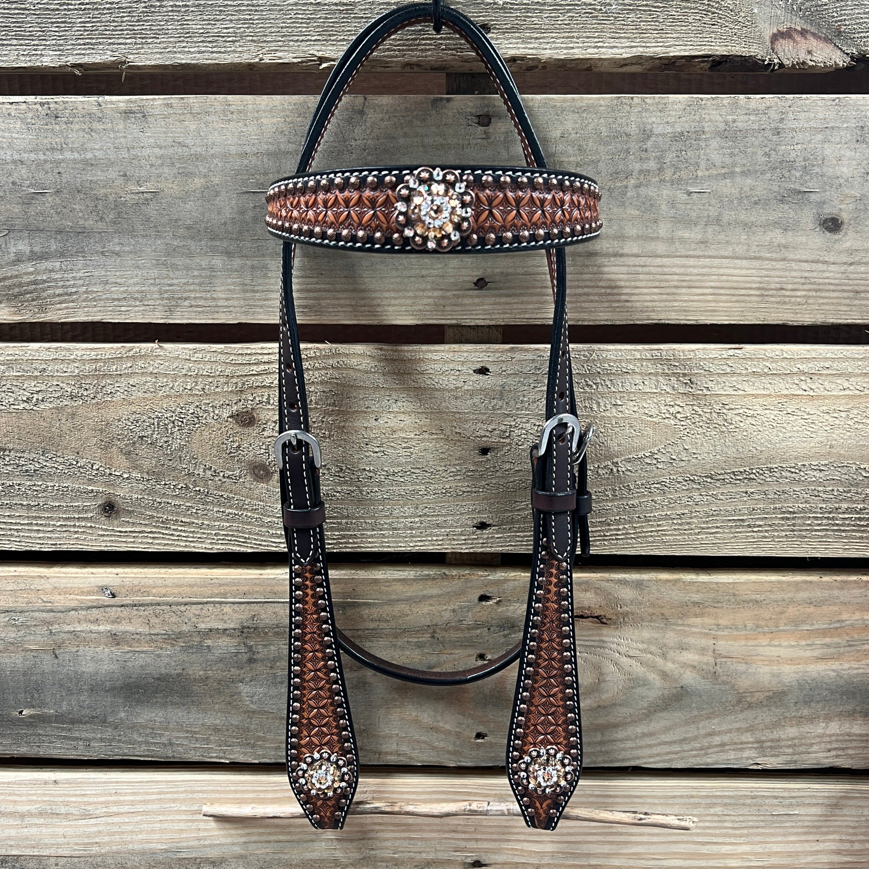 Two Tone Honeycomb Copper Dot Champagne and Clear Browband / Breastcollar Tack Set #BBBC628