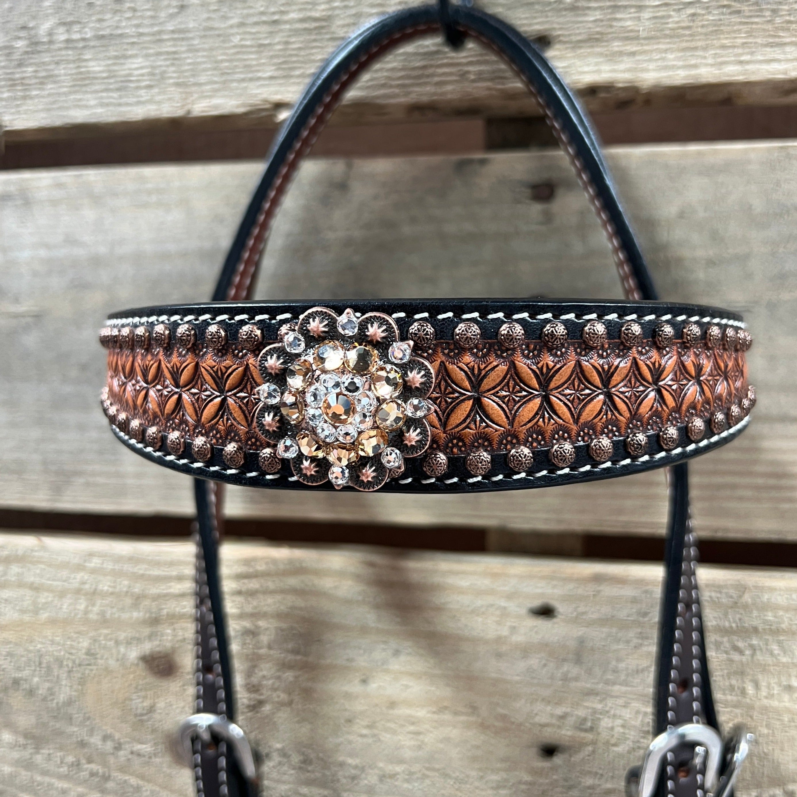 Two Tone Honeycomb Copper Dot Champagne and Clear Browband / Breastcollar Tack Set #BBBC628