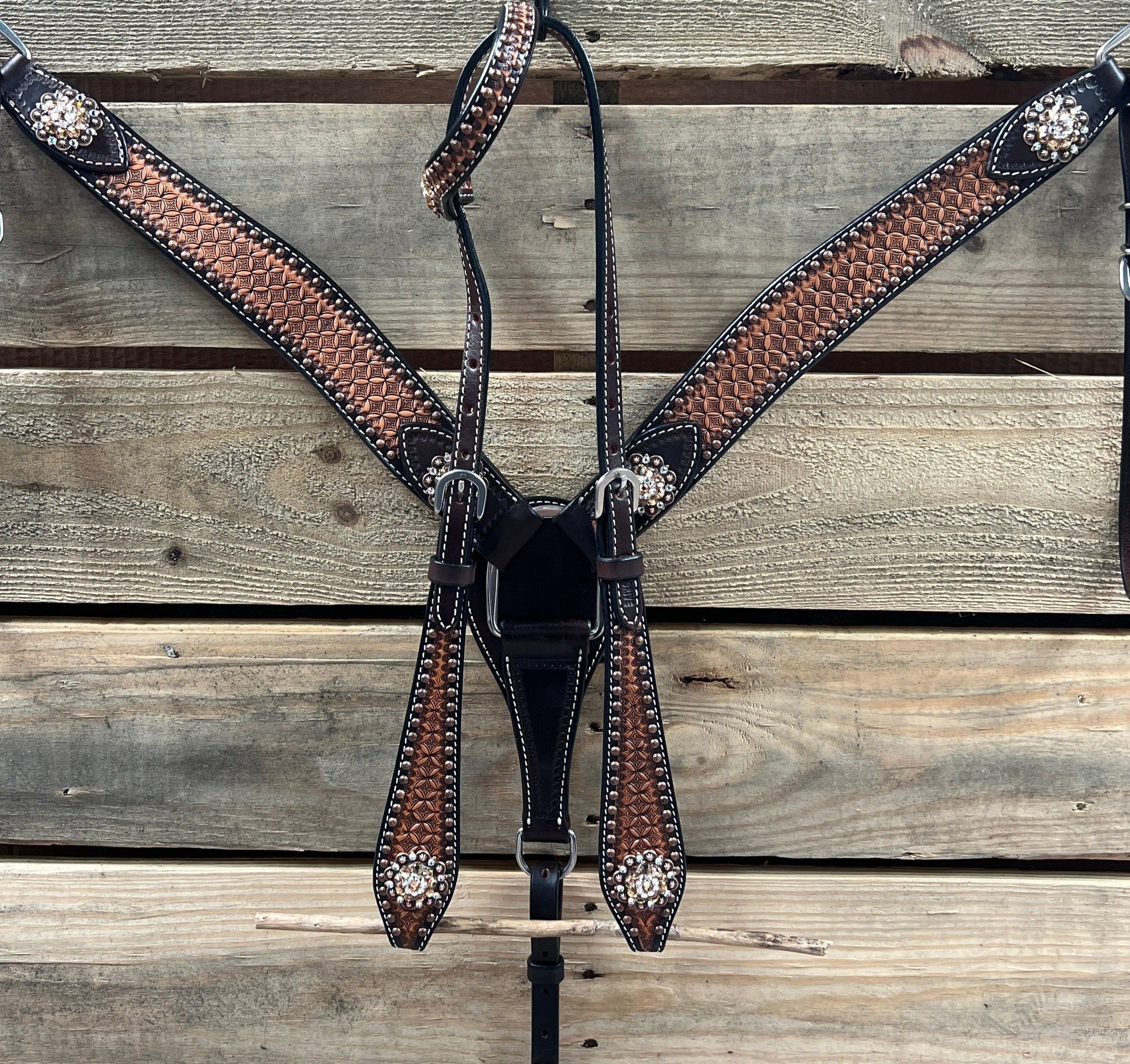 Two Tone Honeycomb Copper Dot Champagne and Clear Browband / Breastcollar Tack Set #BBBC628