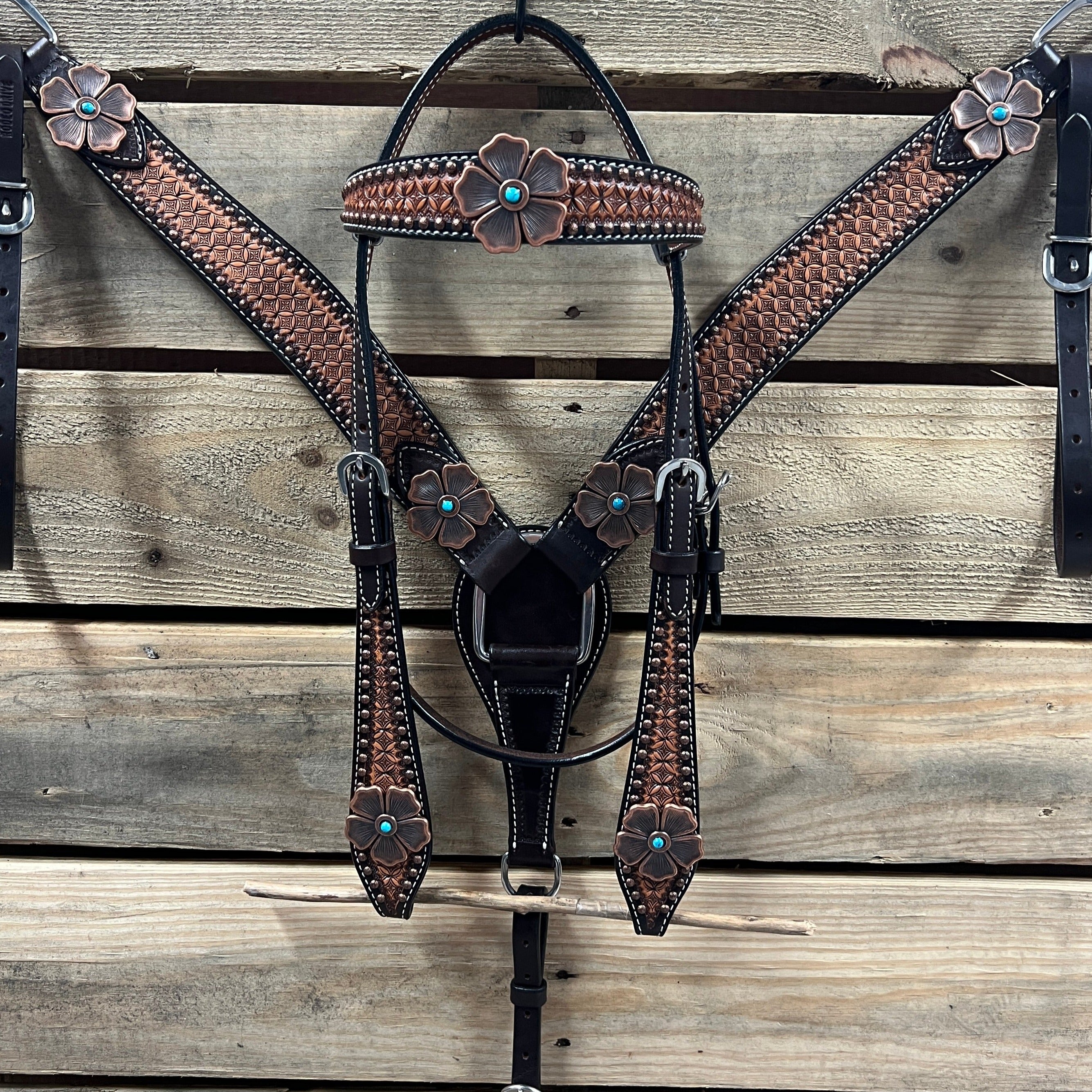 Two Tone Honeycomb Copper Flower Browband/One Ear Headstall & Breastcollar Tack Set #BBBC610