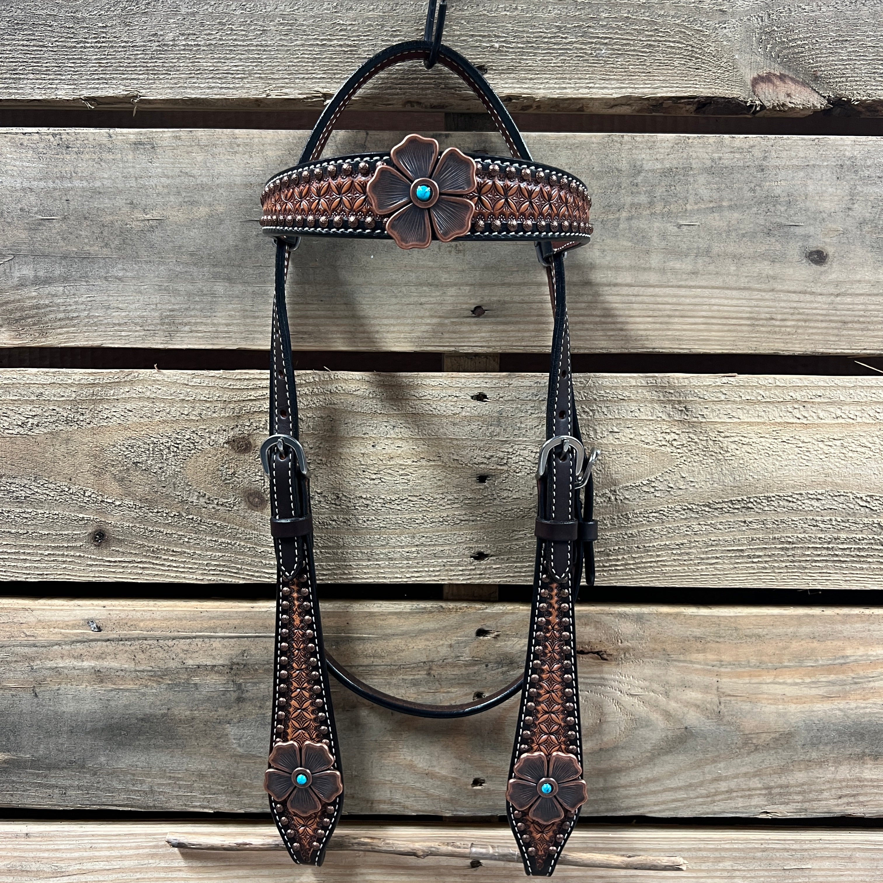 Two Tone Honeycomb Copper Flower Browband/One Ear Headstall & Breastcollar Tack Set #BBBC610