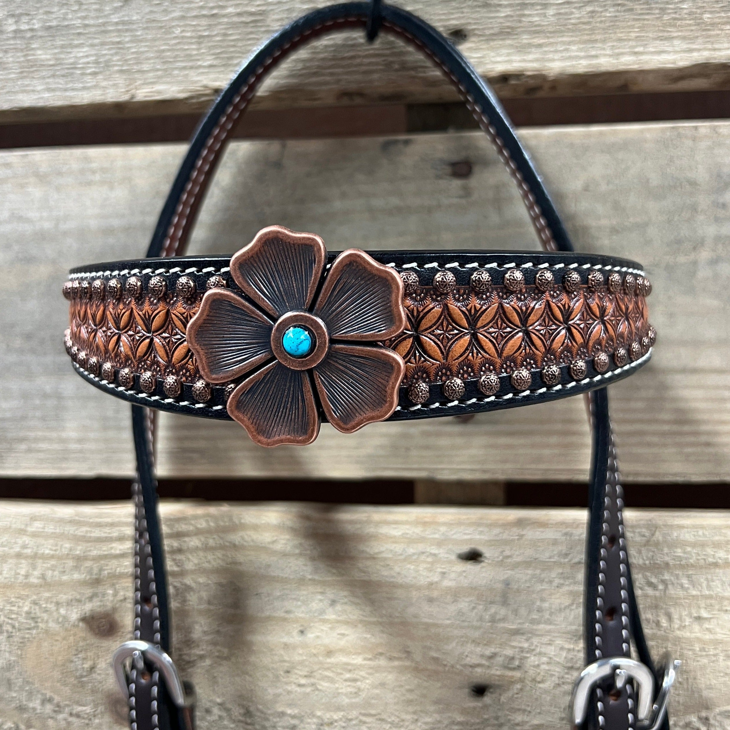 Two Tone Honeycomb Copper Flower Browband/One Ear Headstall & Breastcollar Tack Set #BBBC610