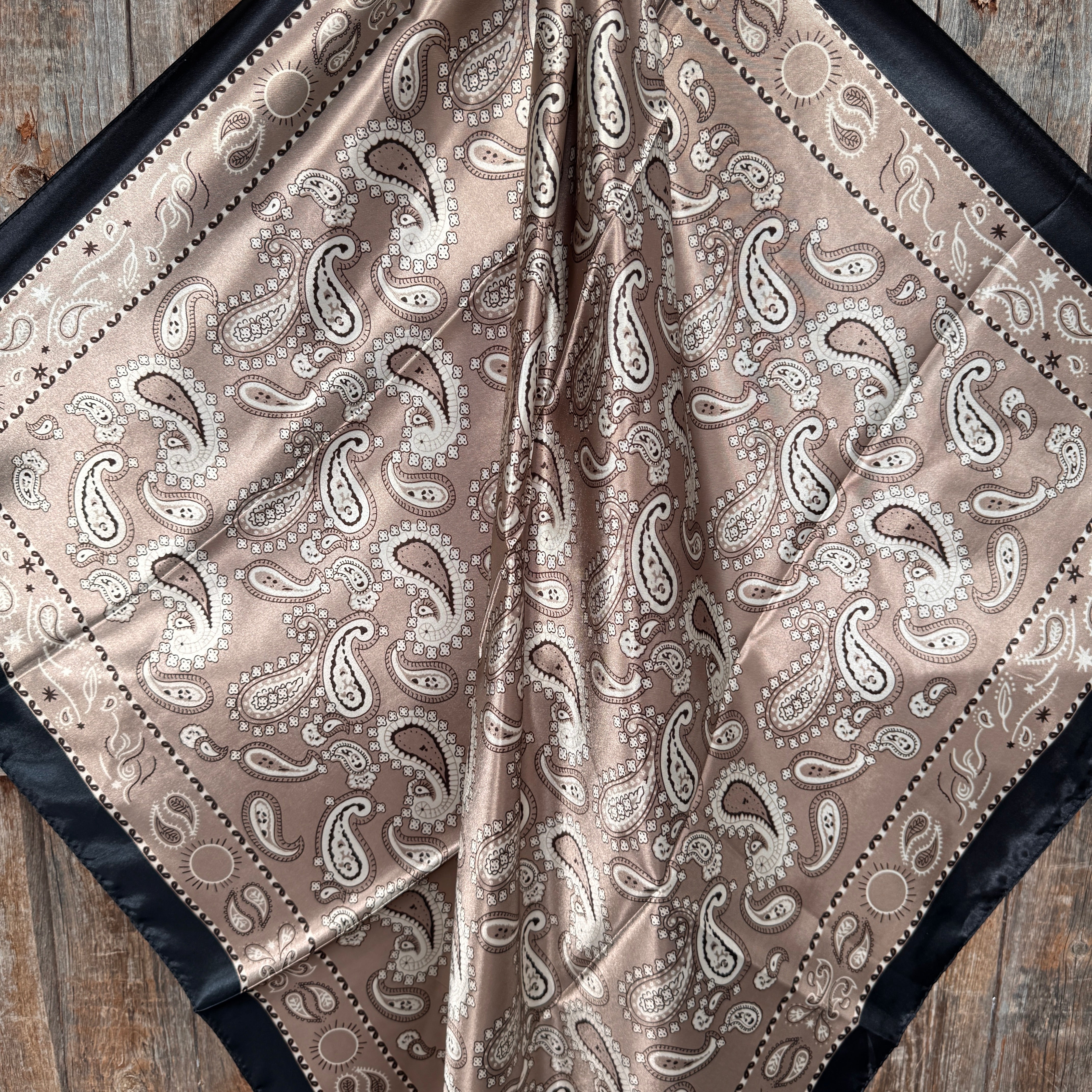 35X35"  Black and Tan Floral Paisley Wild Rag / Scarf WR3383