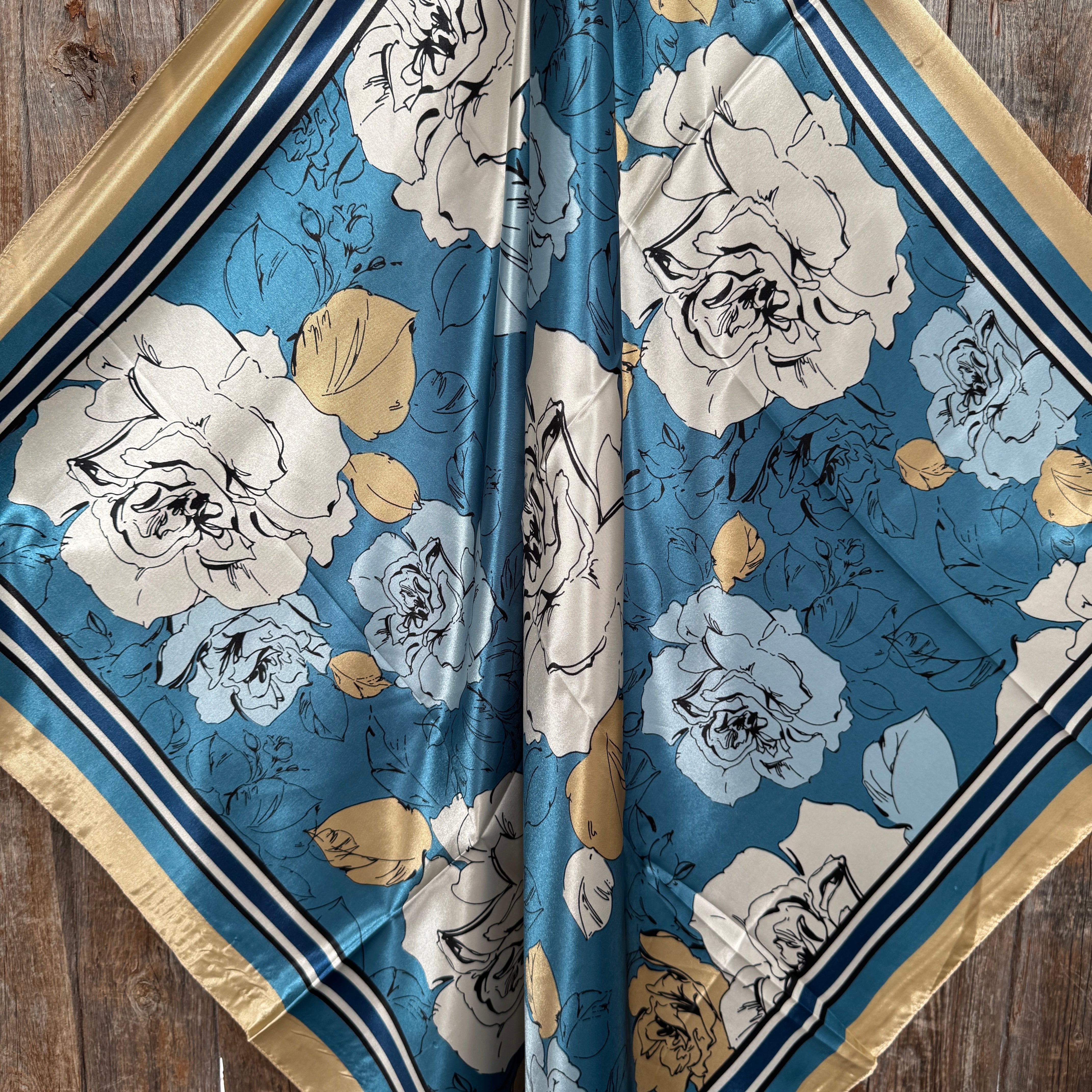 35X35"  Blue and Cream Roses Wild Rag / Scarf WR3396