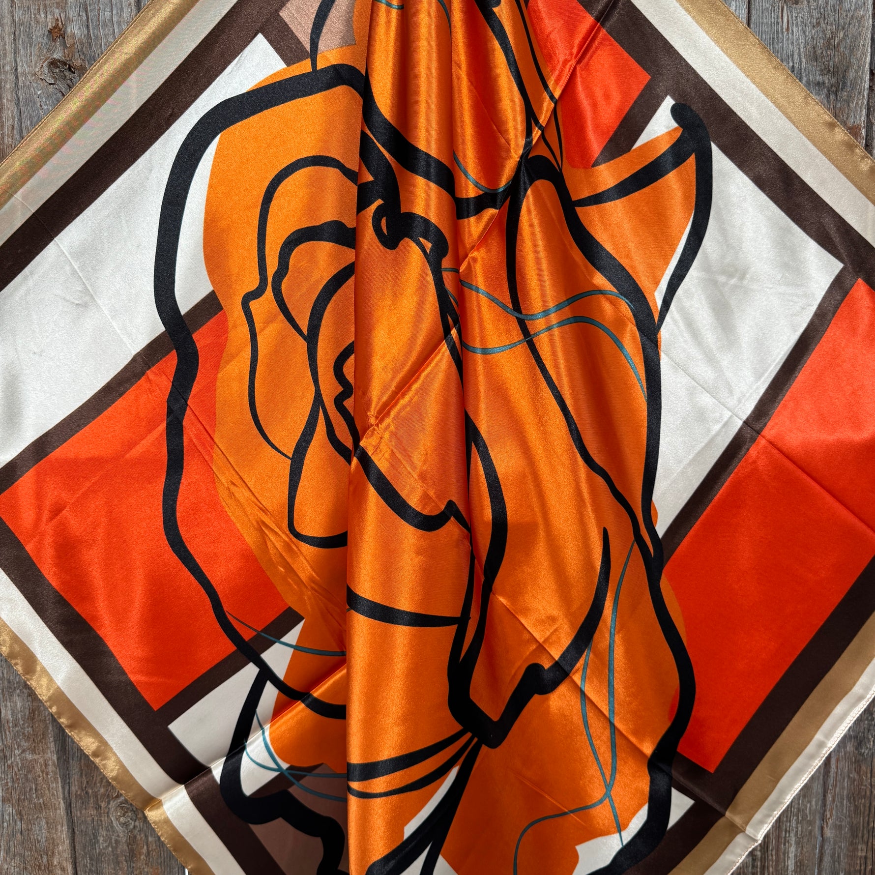 35X35"  Orange, Tan and Brown Rose Wild Rag / Scarf WR3398