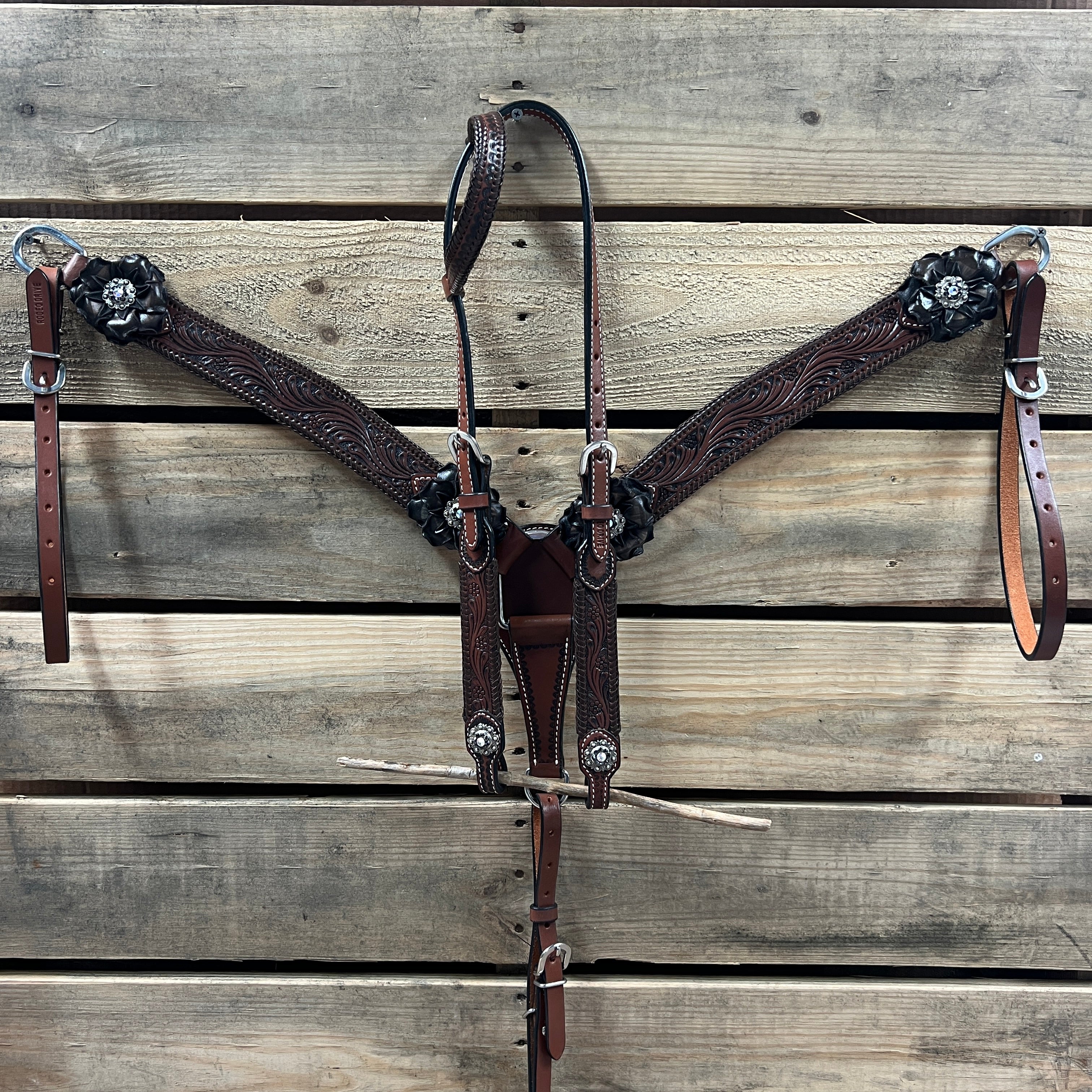 Dark Oil Braid Jet and AB Browband / One Ear Tack Set  #BBBC626