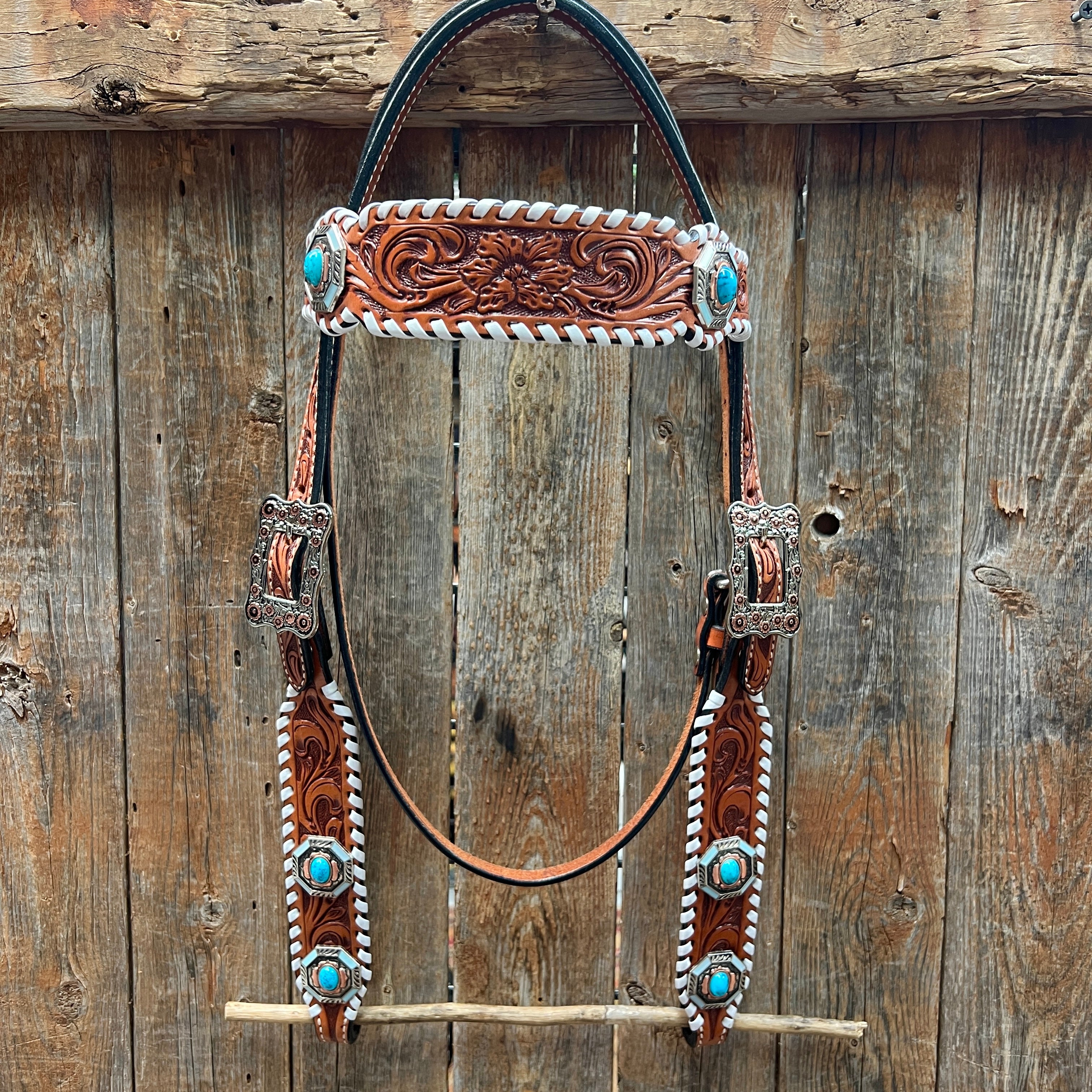 Whipstitch Copper and Turquoise Browband #BB130