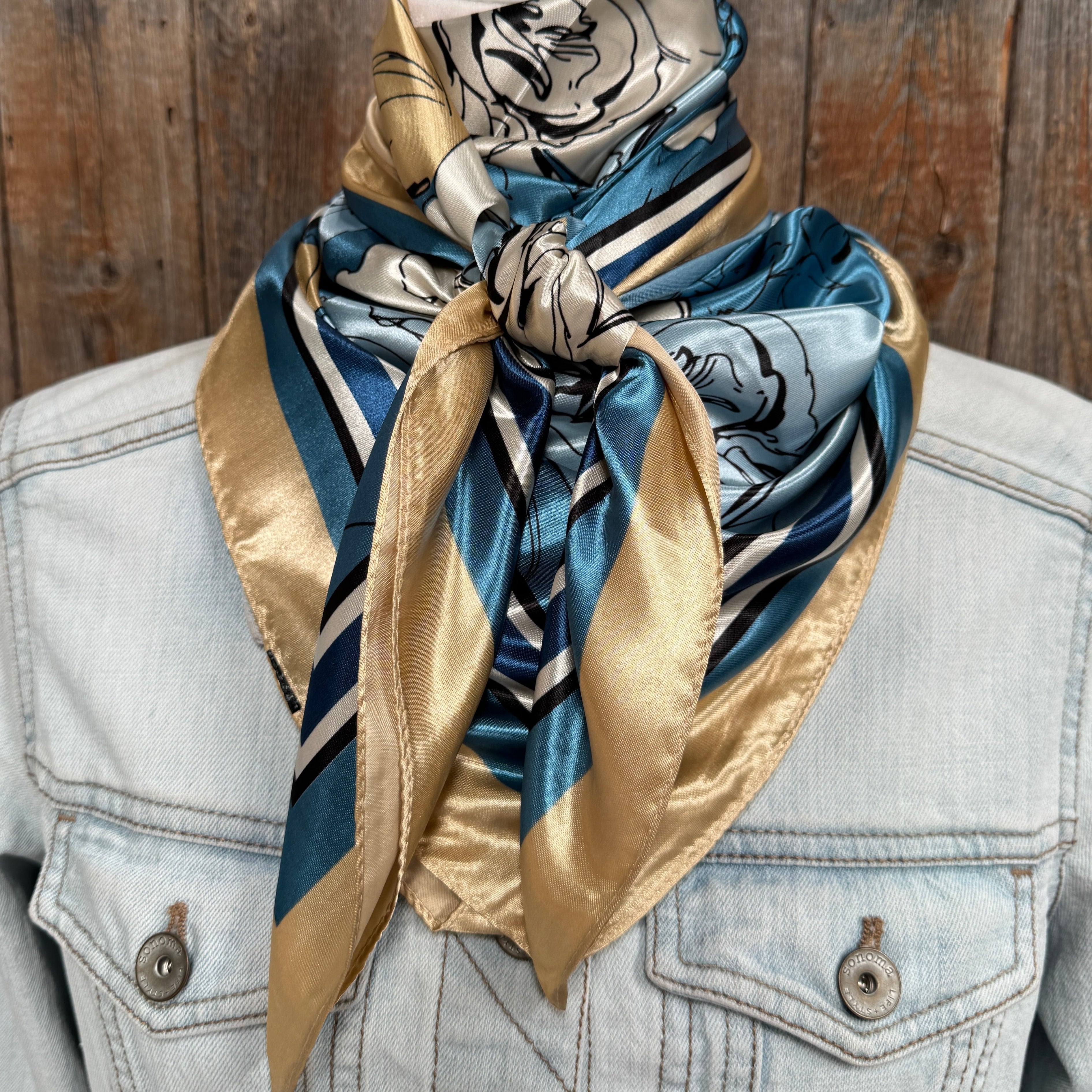 35X35"  Blue and Cream Roses Wild Rag / Scarf WR3396