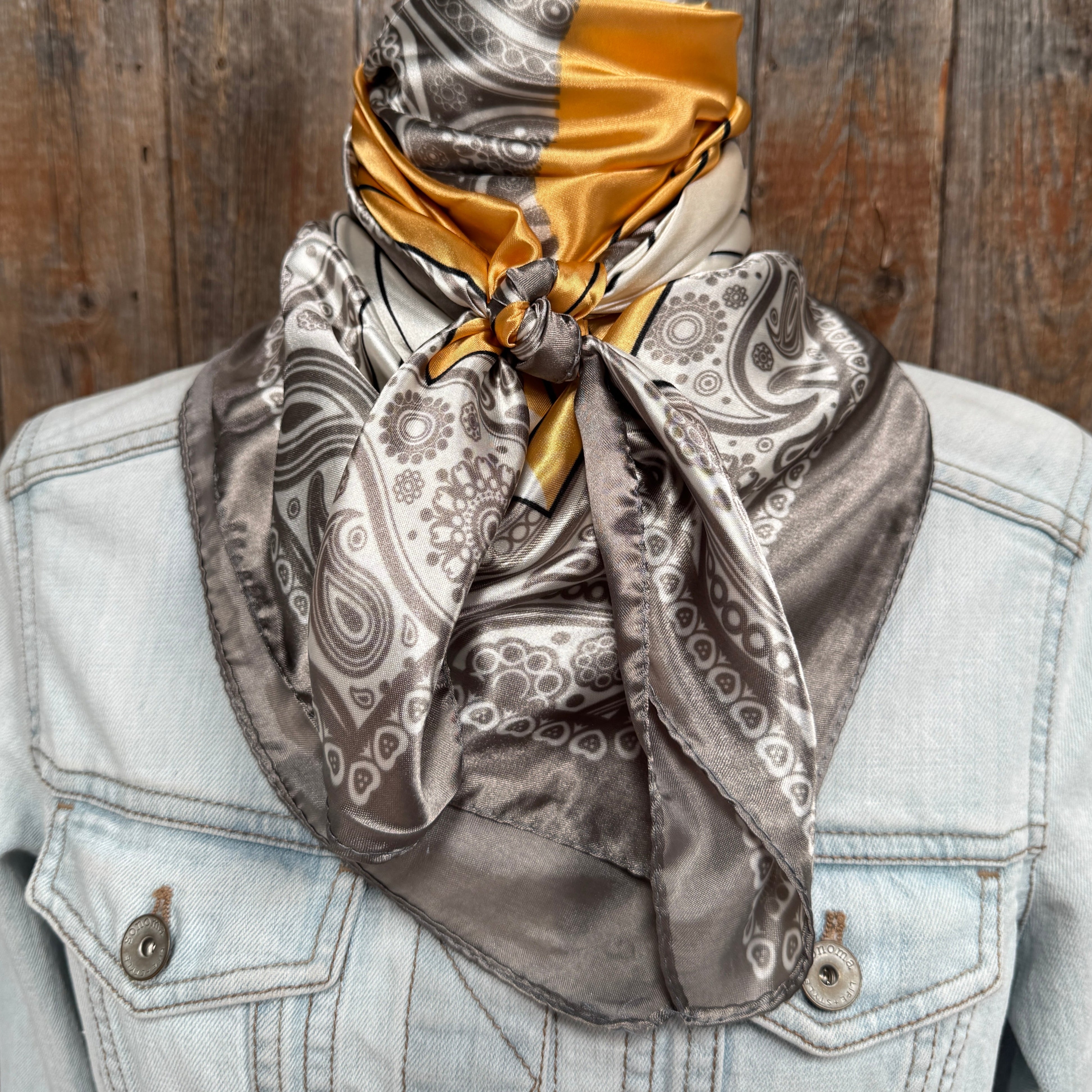 35X35" Soft Grey and Gold Paisley Wild Rag / Scarf WR3389