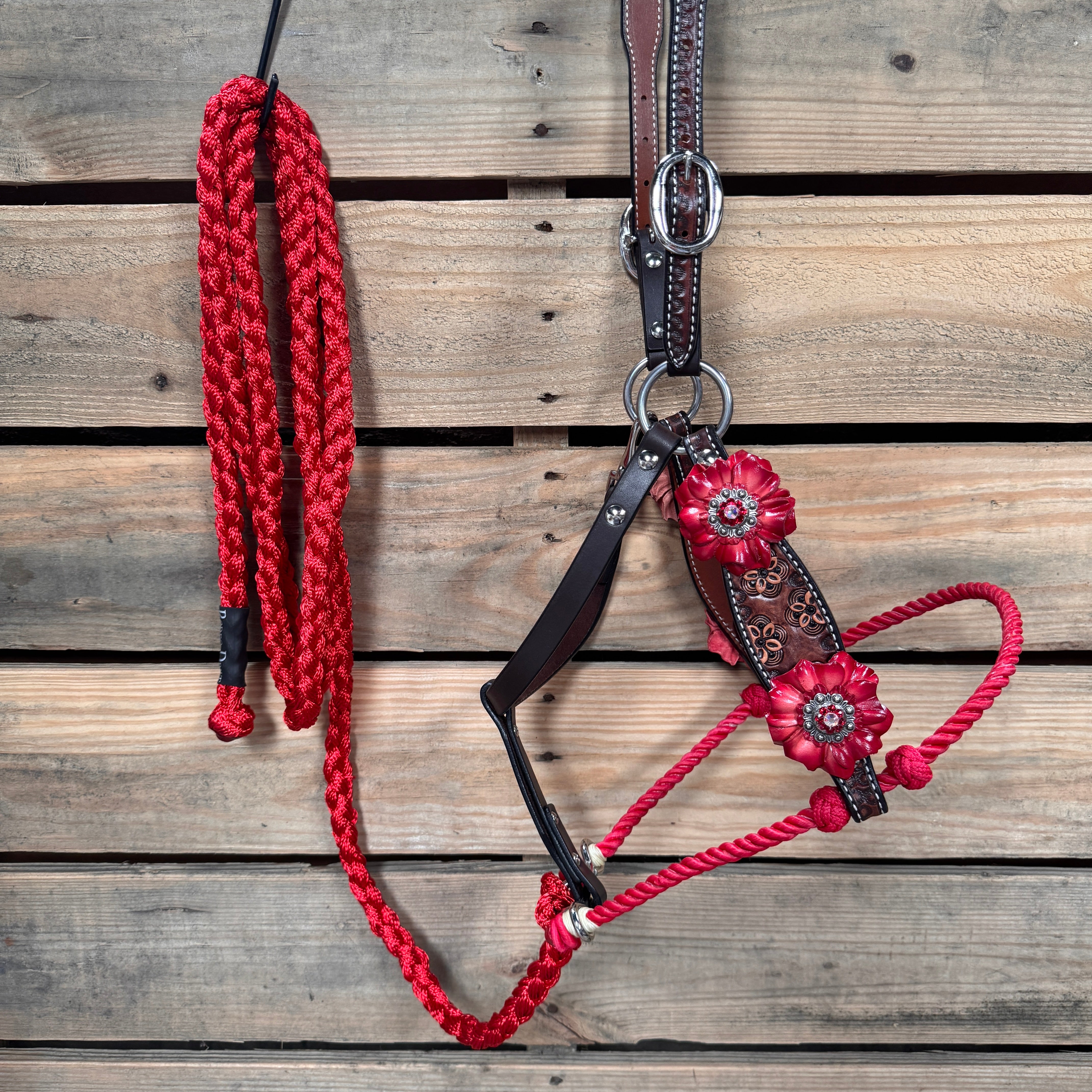 Floral Tooled Lariat & Leather Combo Halter #LH112