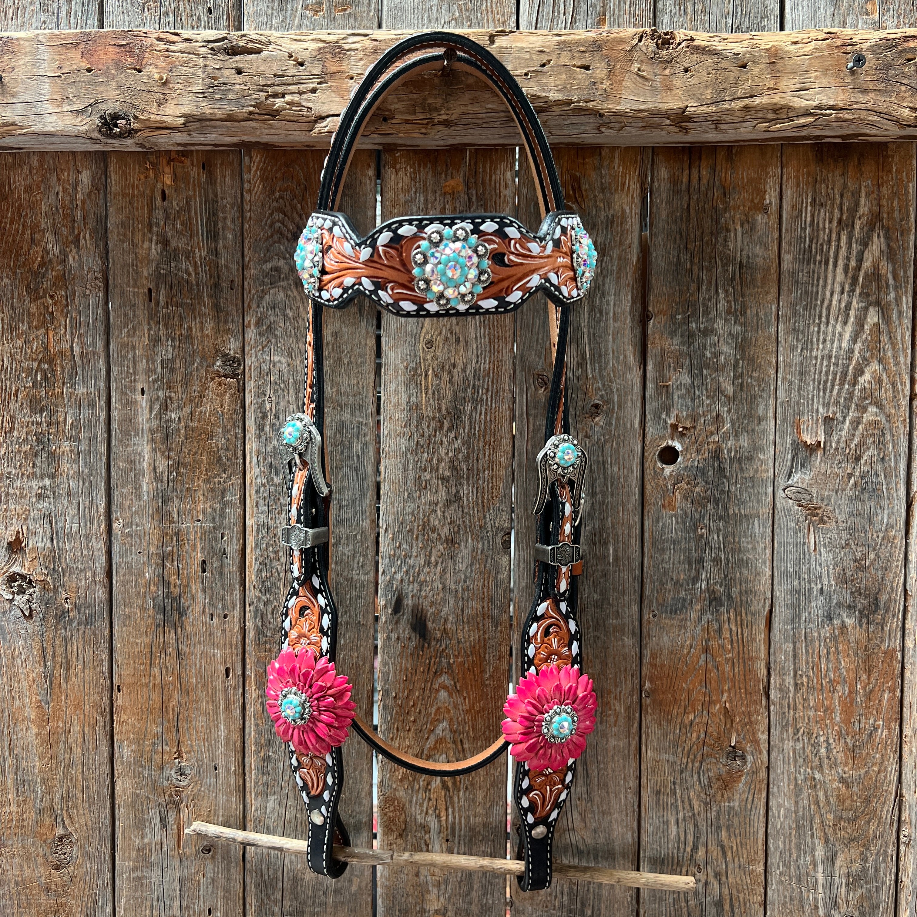 Classic Pink Daisies  Browband/One Ear Tack Set #BBBC114