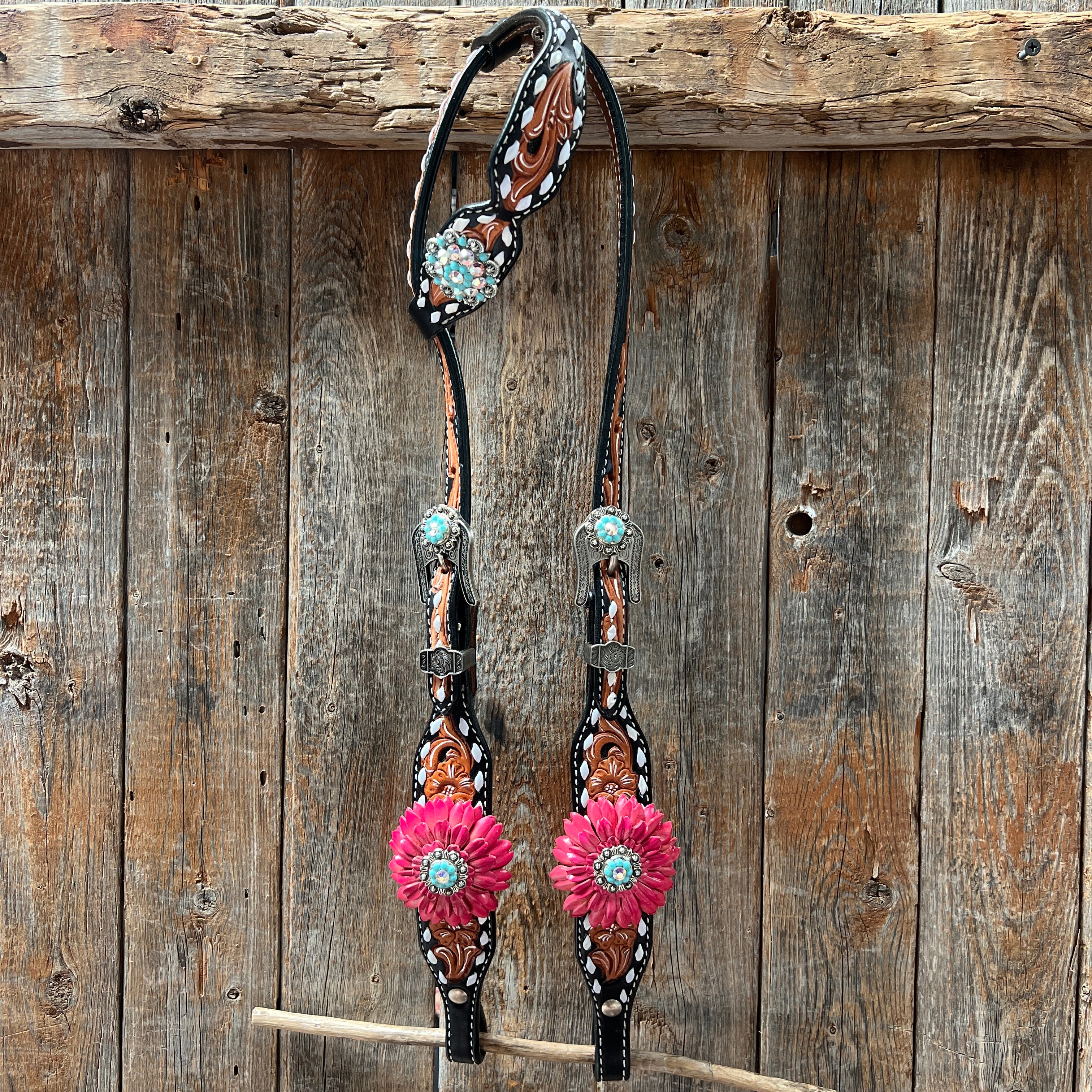 Classic Pink Daisies  Browband/One Ear Tack Set #BBBC114