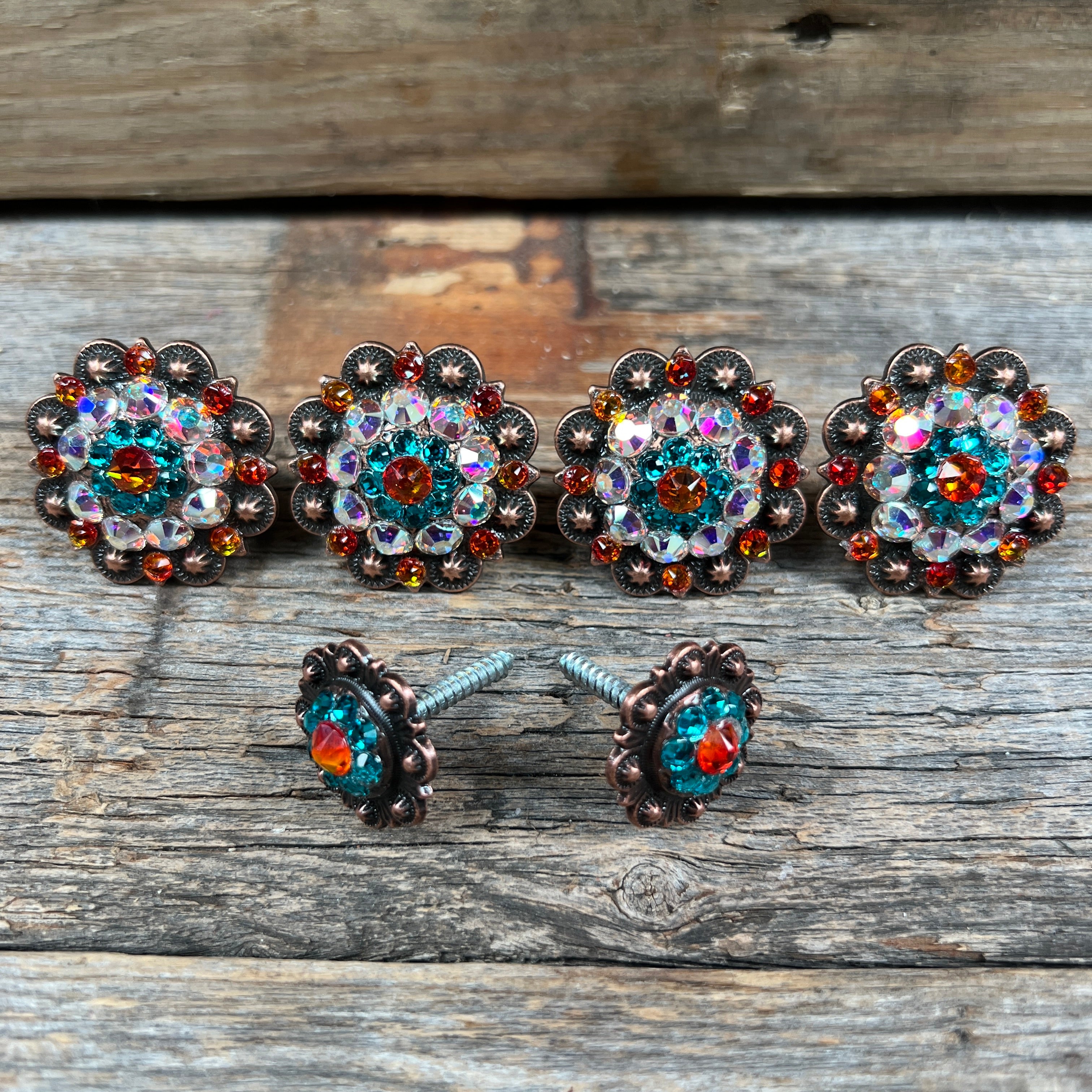 Copper Fire Opal Teal & AB Saddle Conchos