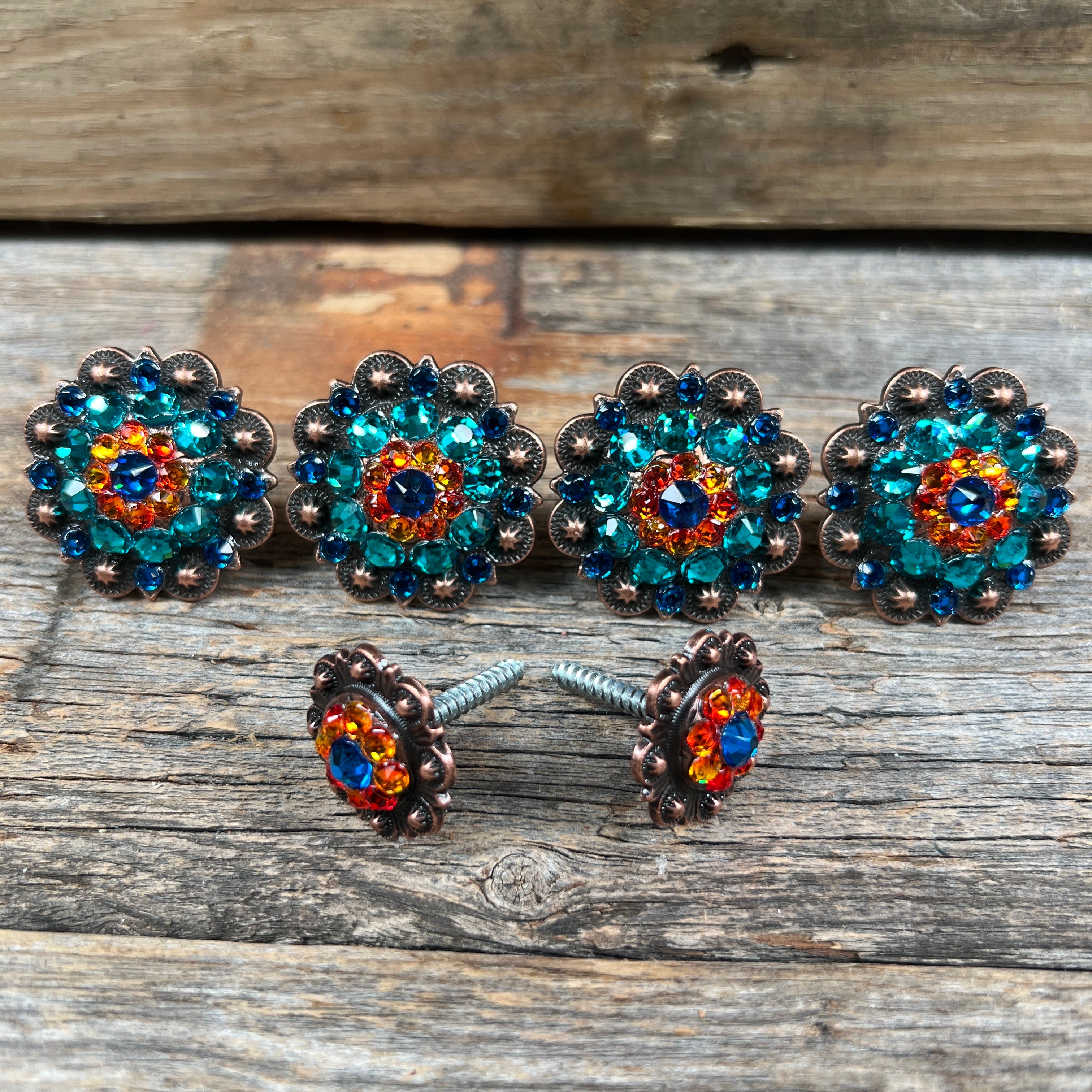Copper Capri Fire Opal & Teal Saddle Conchos