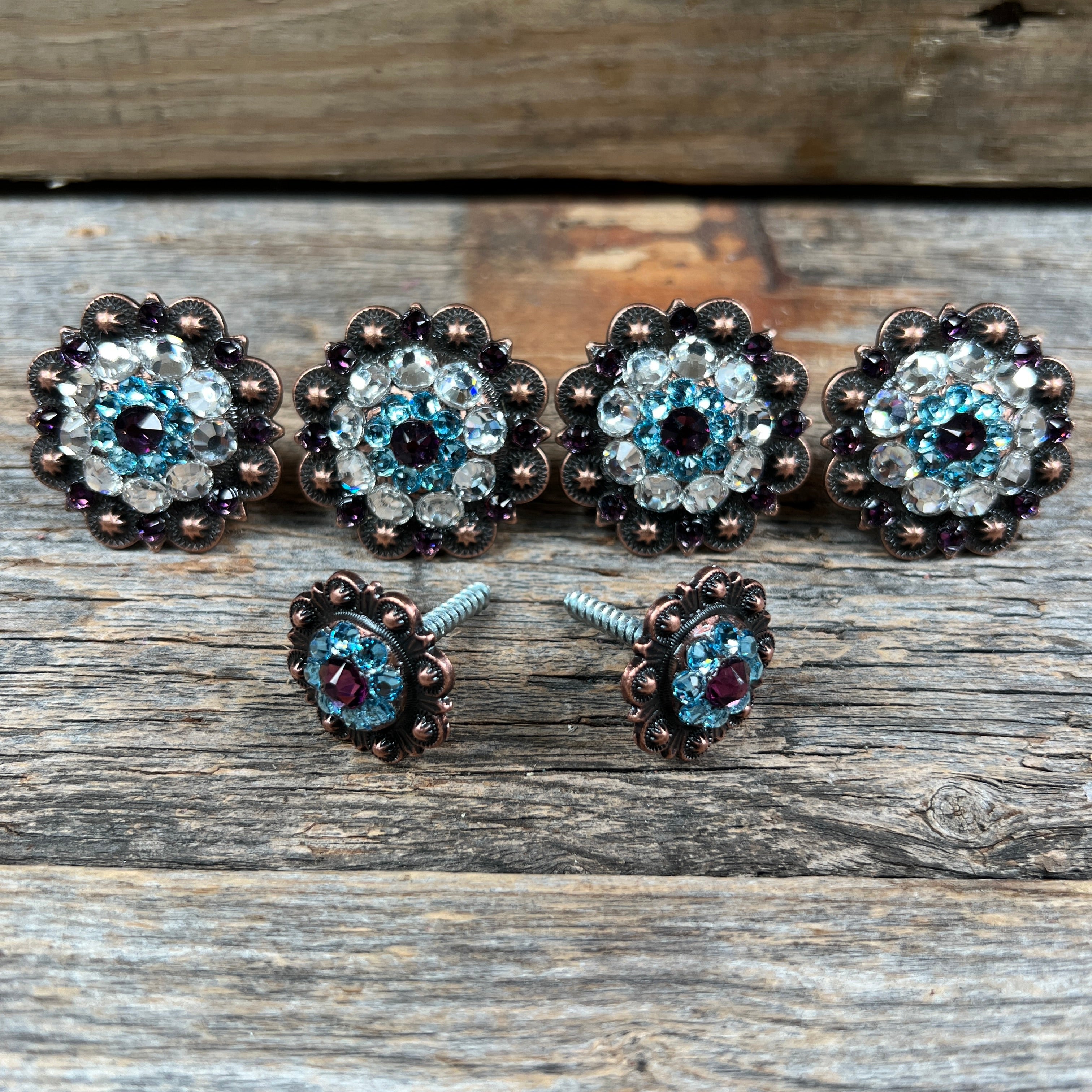 Copper Amethyst Aqua & Clear Saddle Conchos
