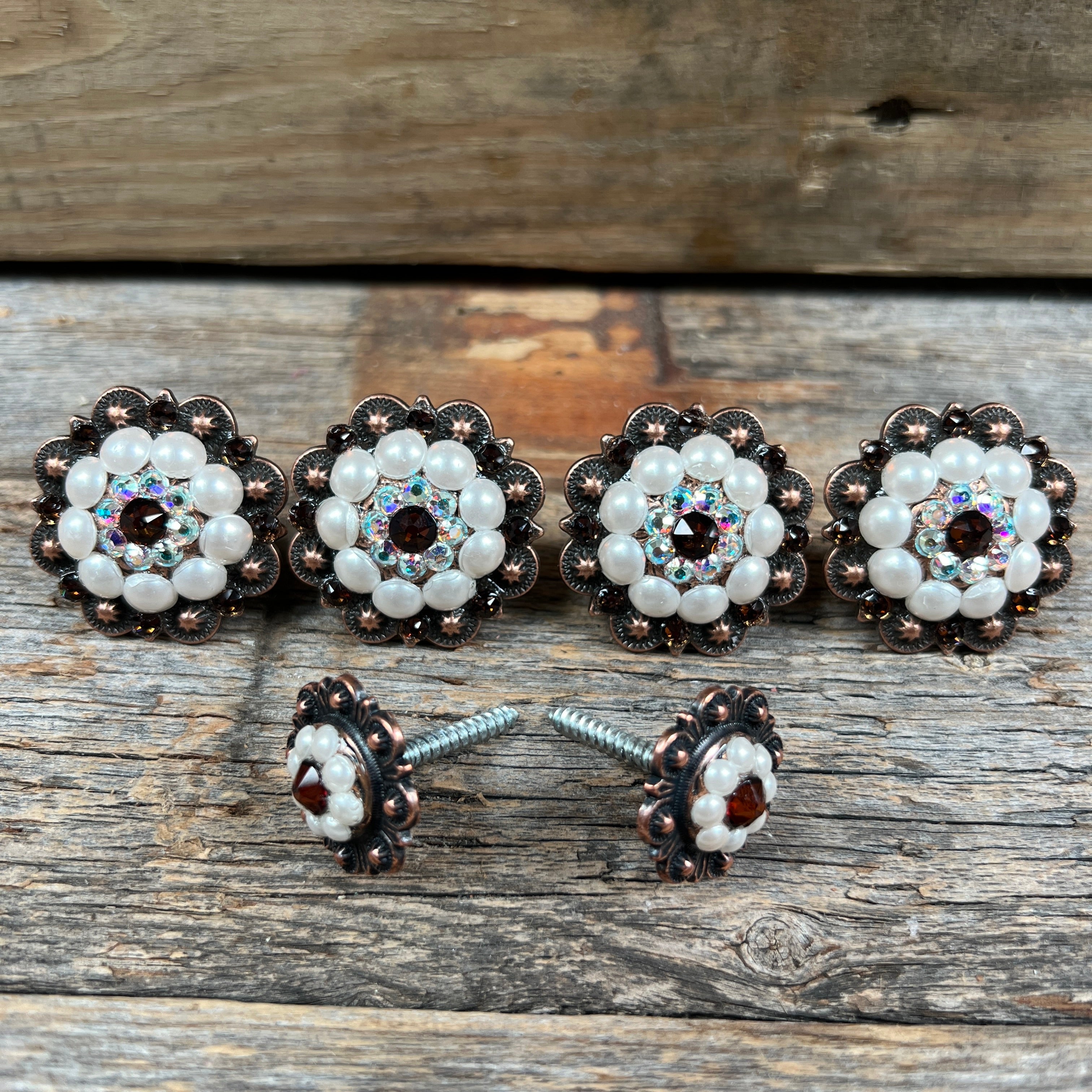 Copper Topaz AB & Pearl Saddle Conchos