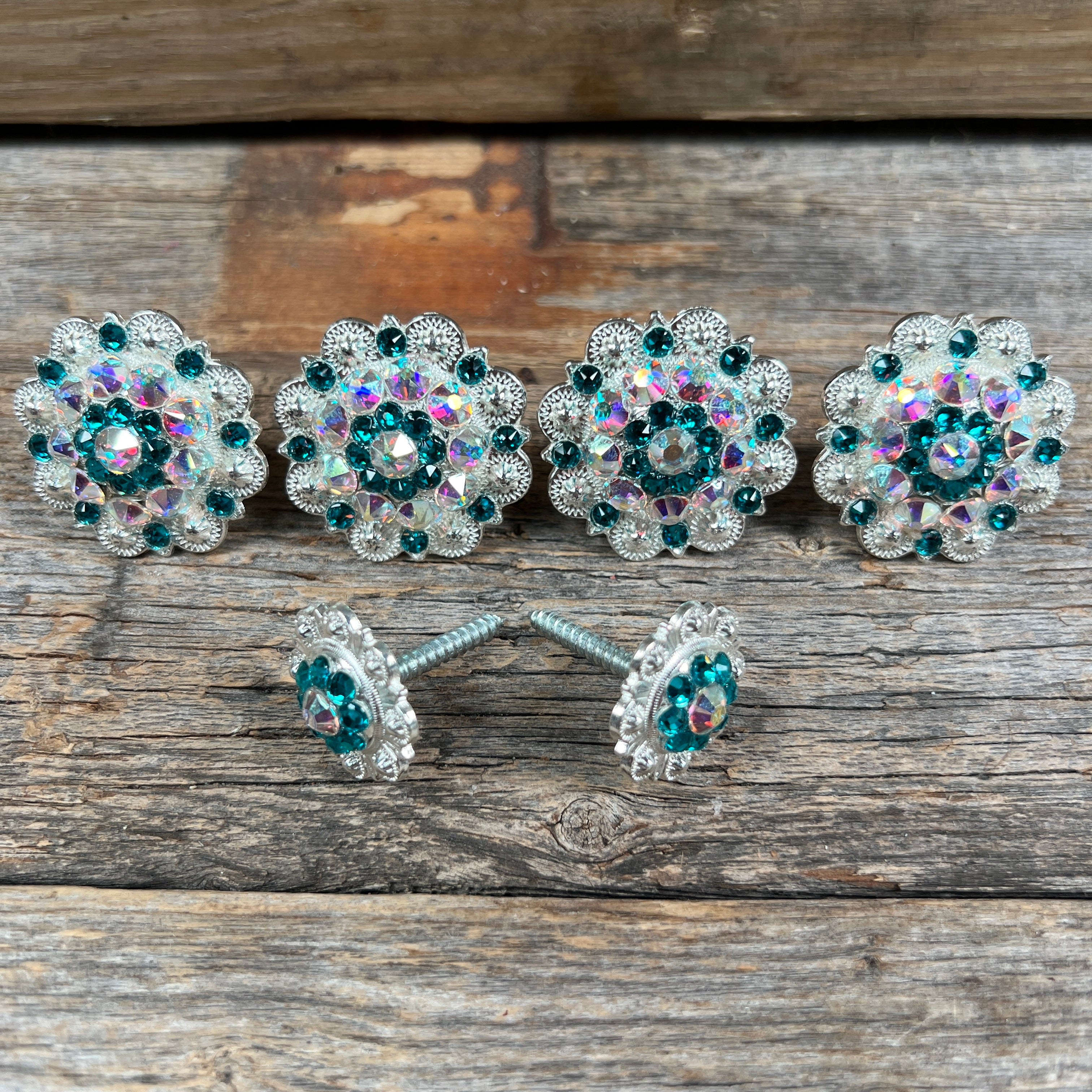 Bright Silver Teal & AB Saddle Conchos