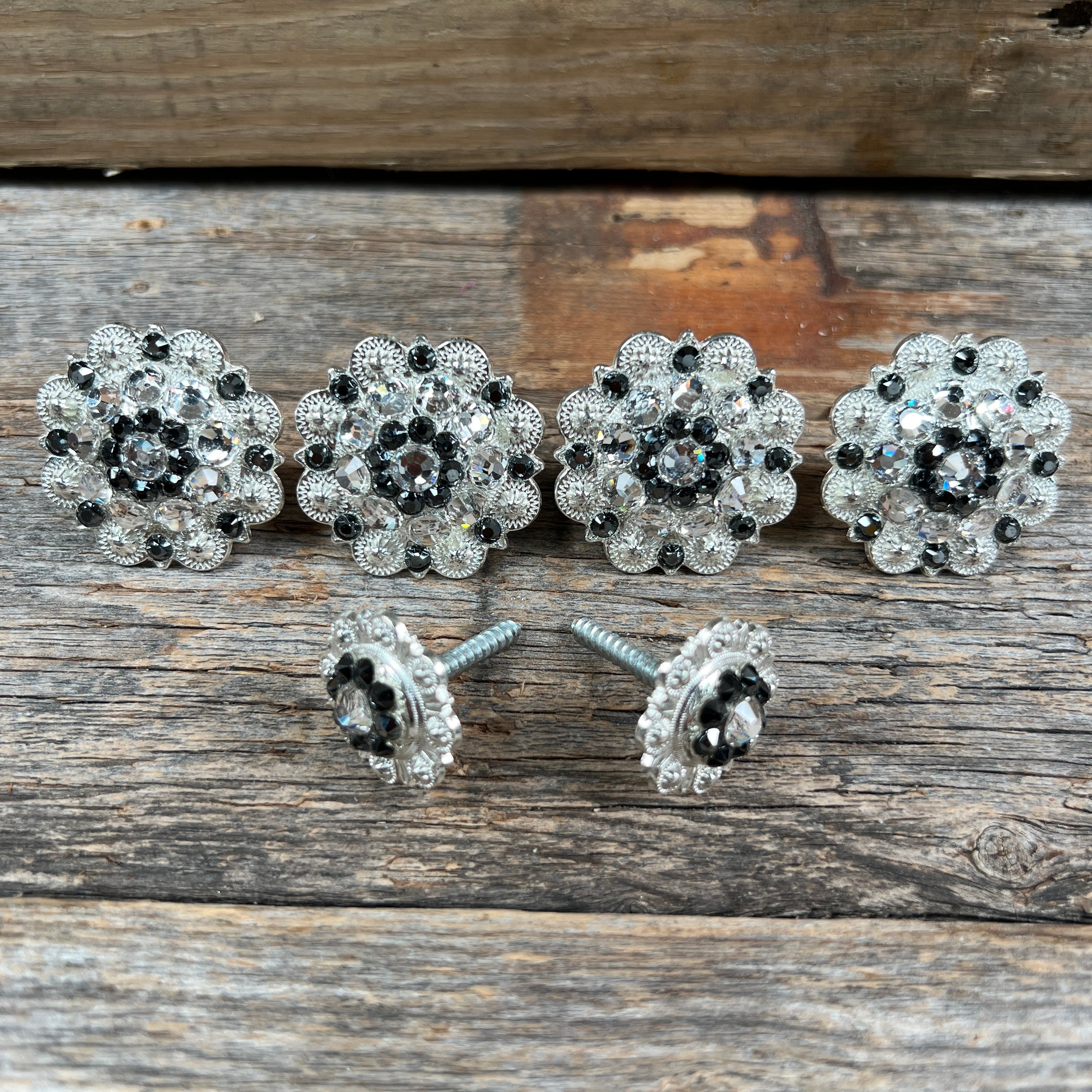 Bright Silver Black & Clear Saddle Conchos