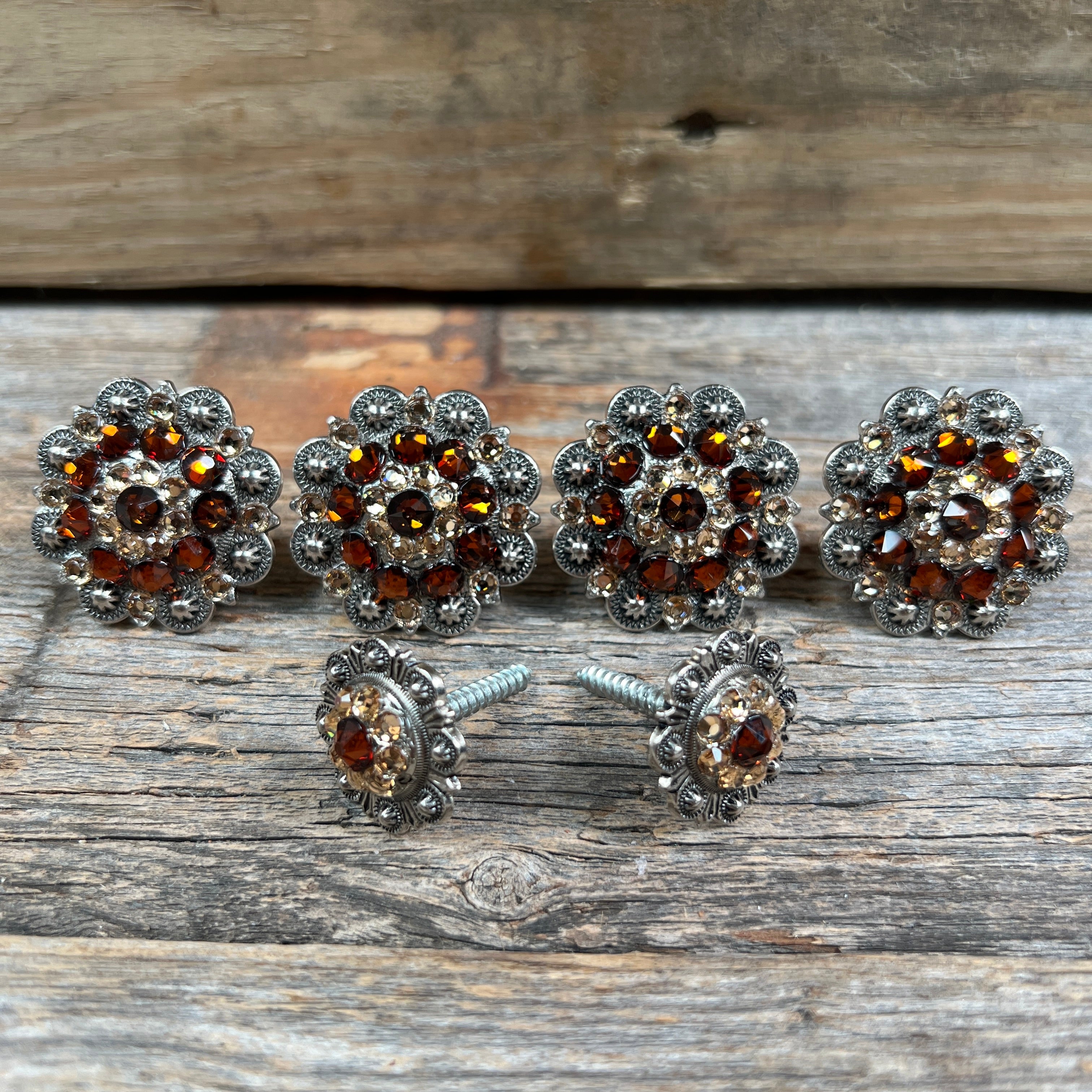 Antique Silver Topaz & Champagne Saddle Conchos