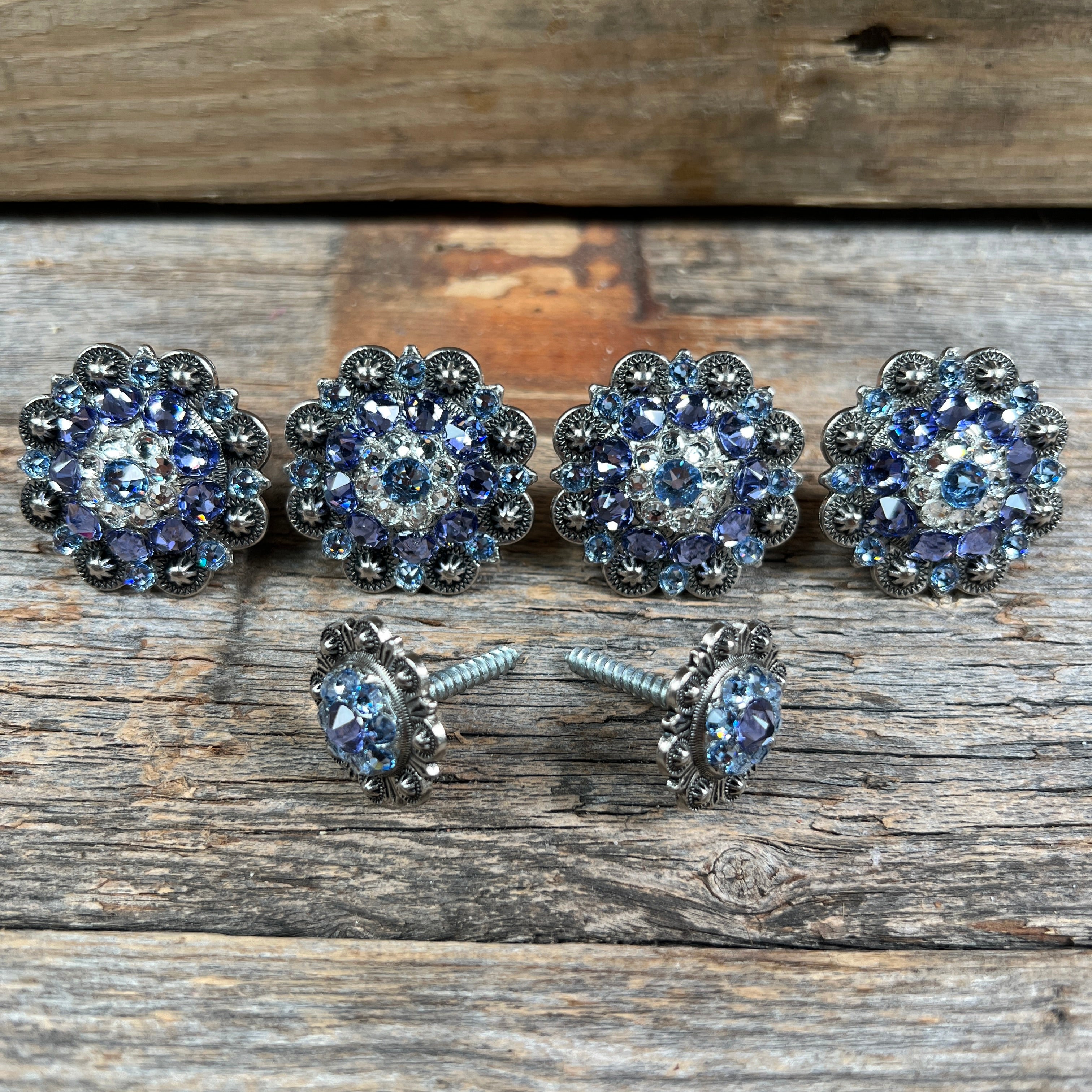 Antique Silver Light Sapphire Clear & Lilac Saddle Conchos