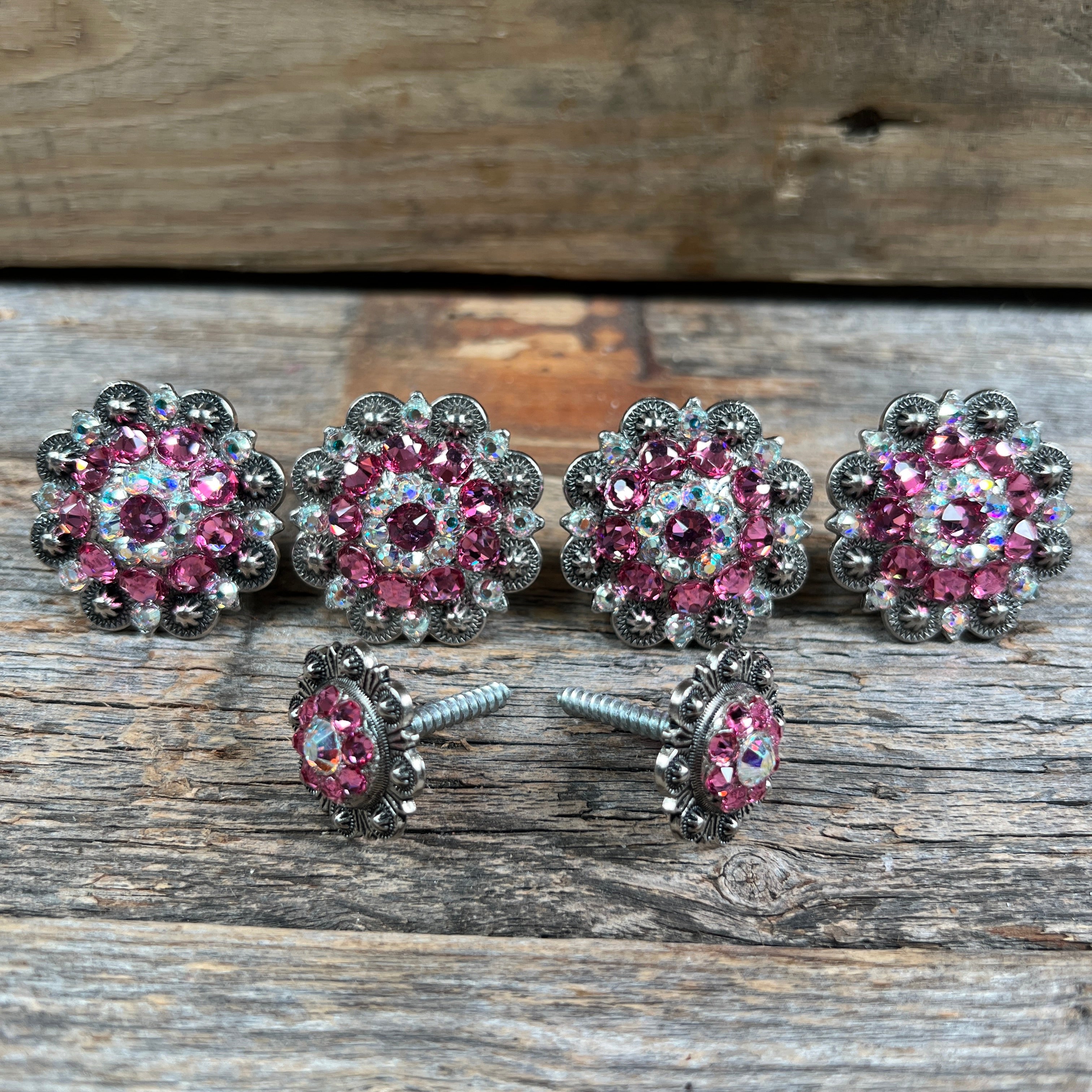 Antique Silver Pink & AB Saddle Conchos