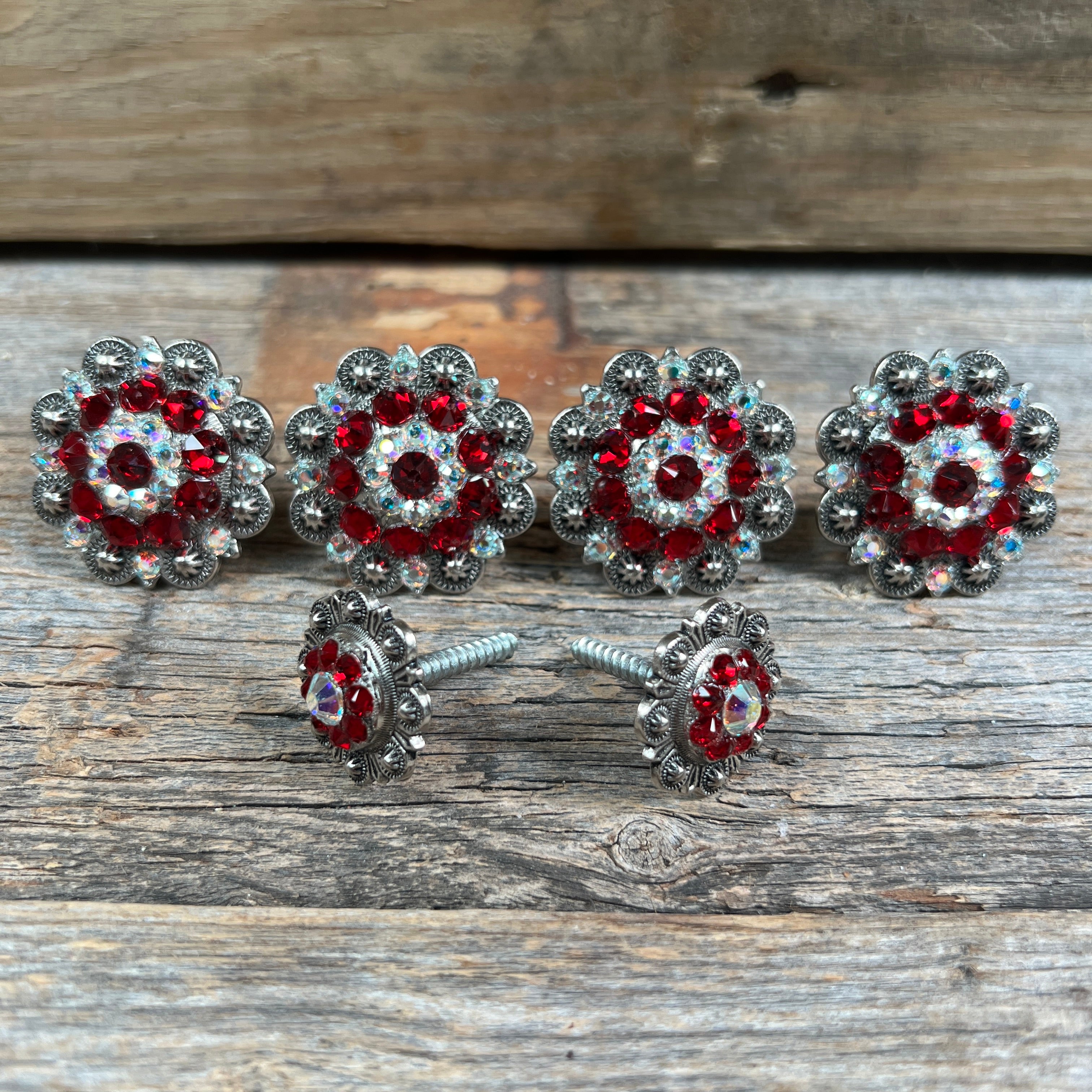 Antique Silver Ruby & AB Saddle Conchos