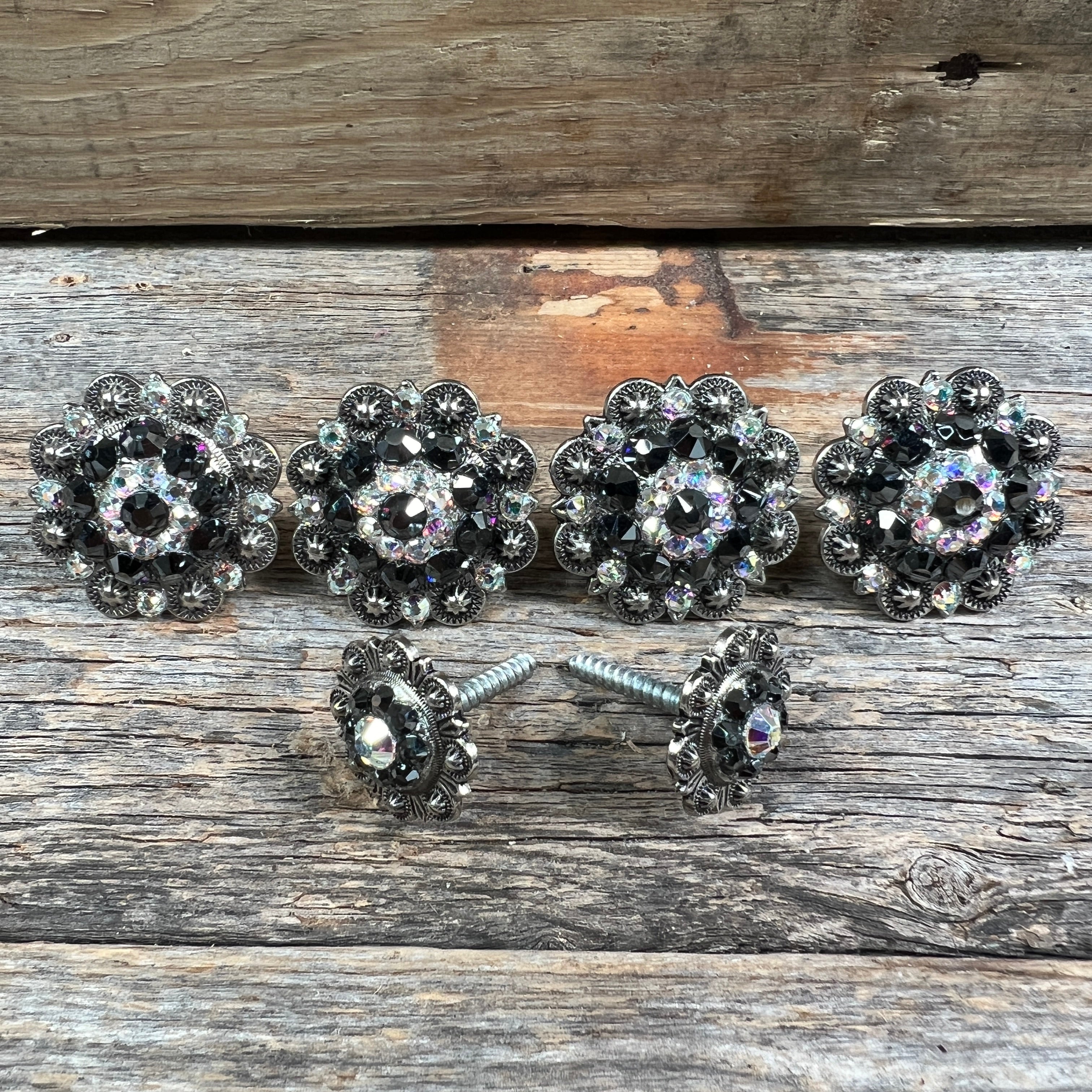 Antique Silver Jet & AB Saddle Conchos