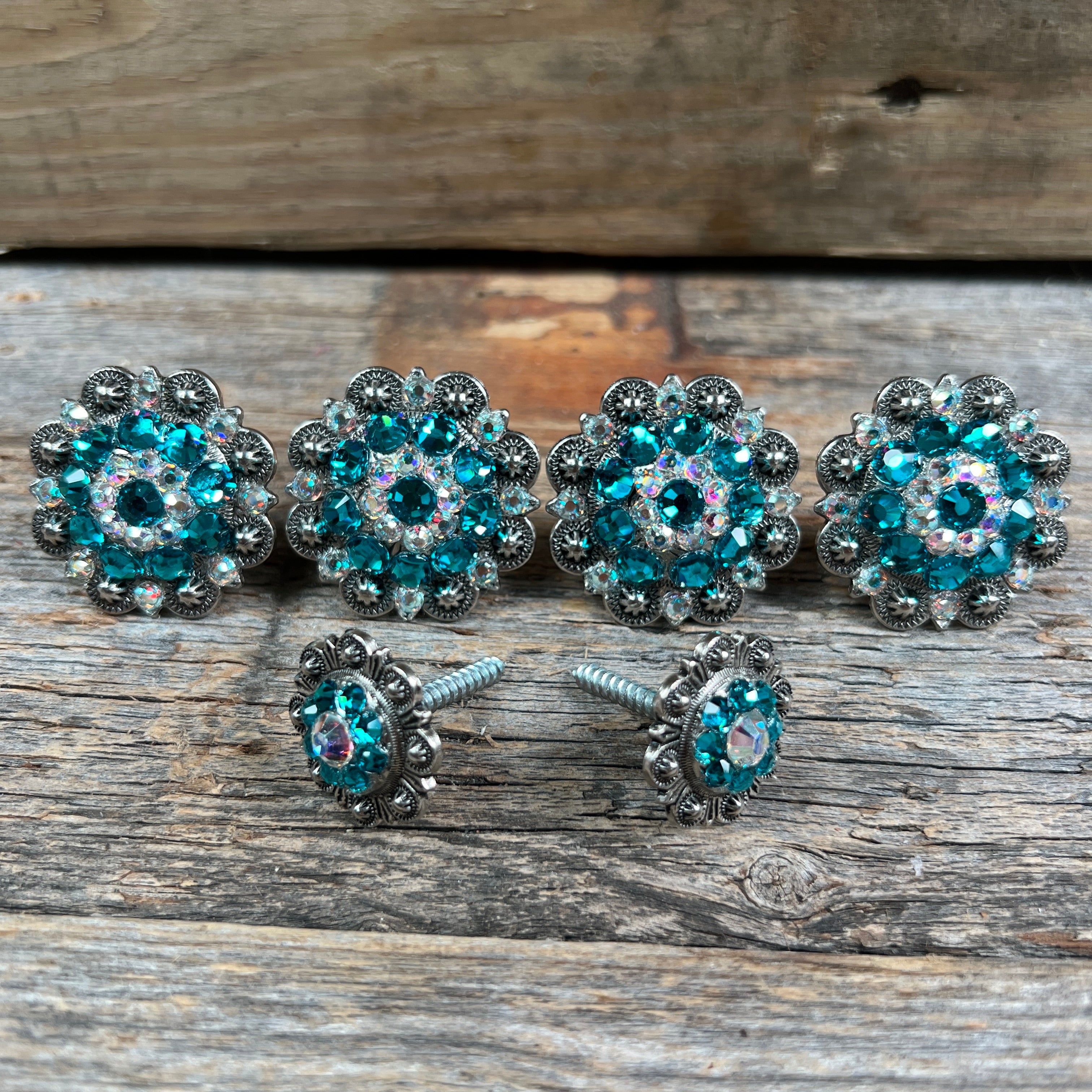 Antique Silver Teal & AB Saddle Conchos
