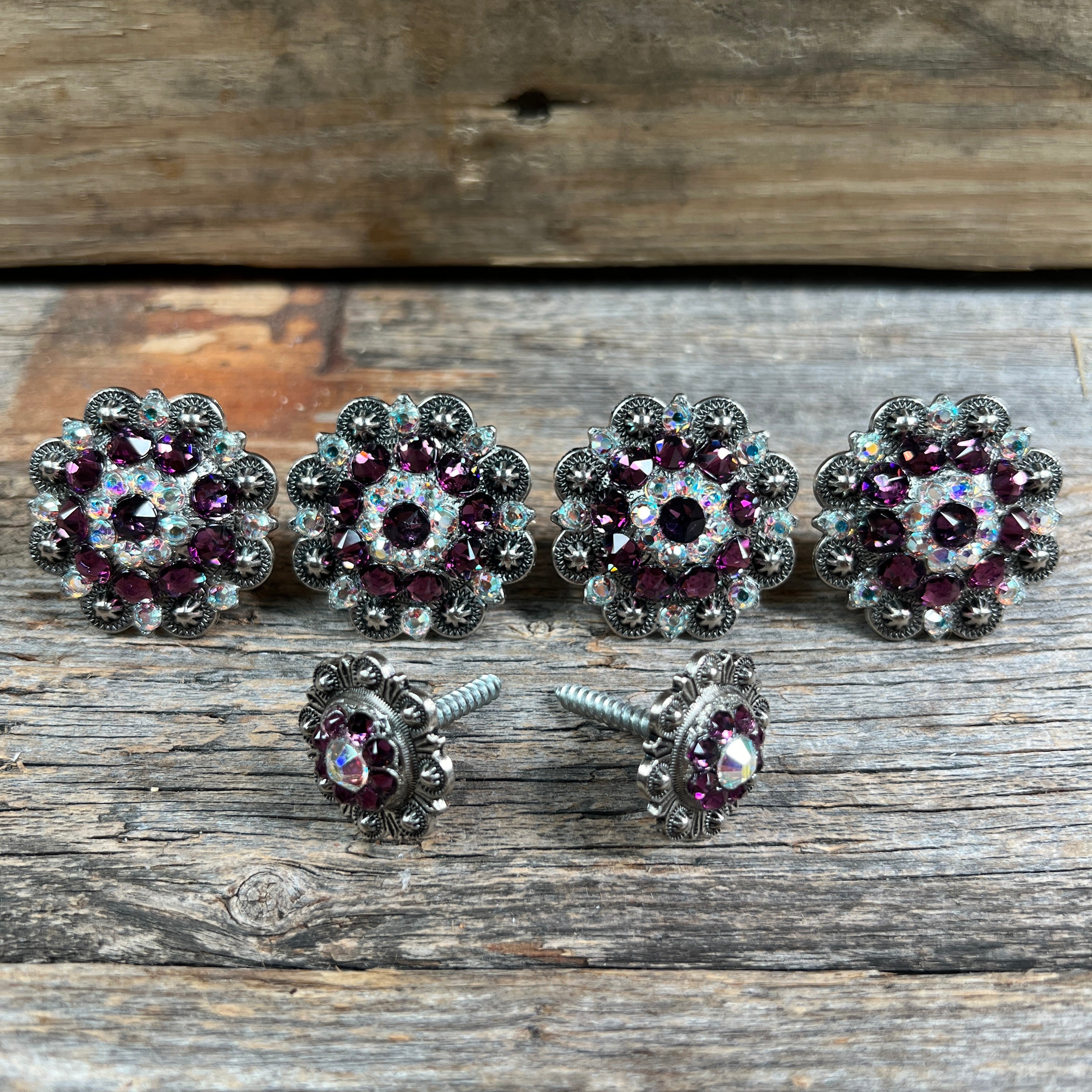 Antique Silver Amethyst & AB Saddle Conchos