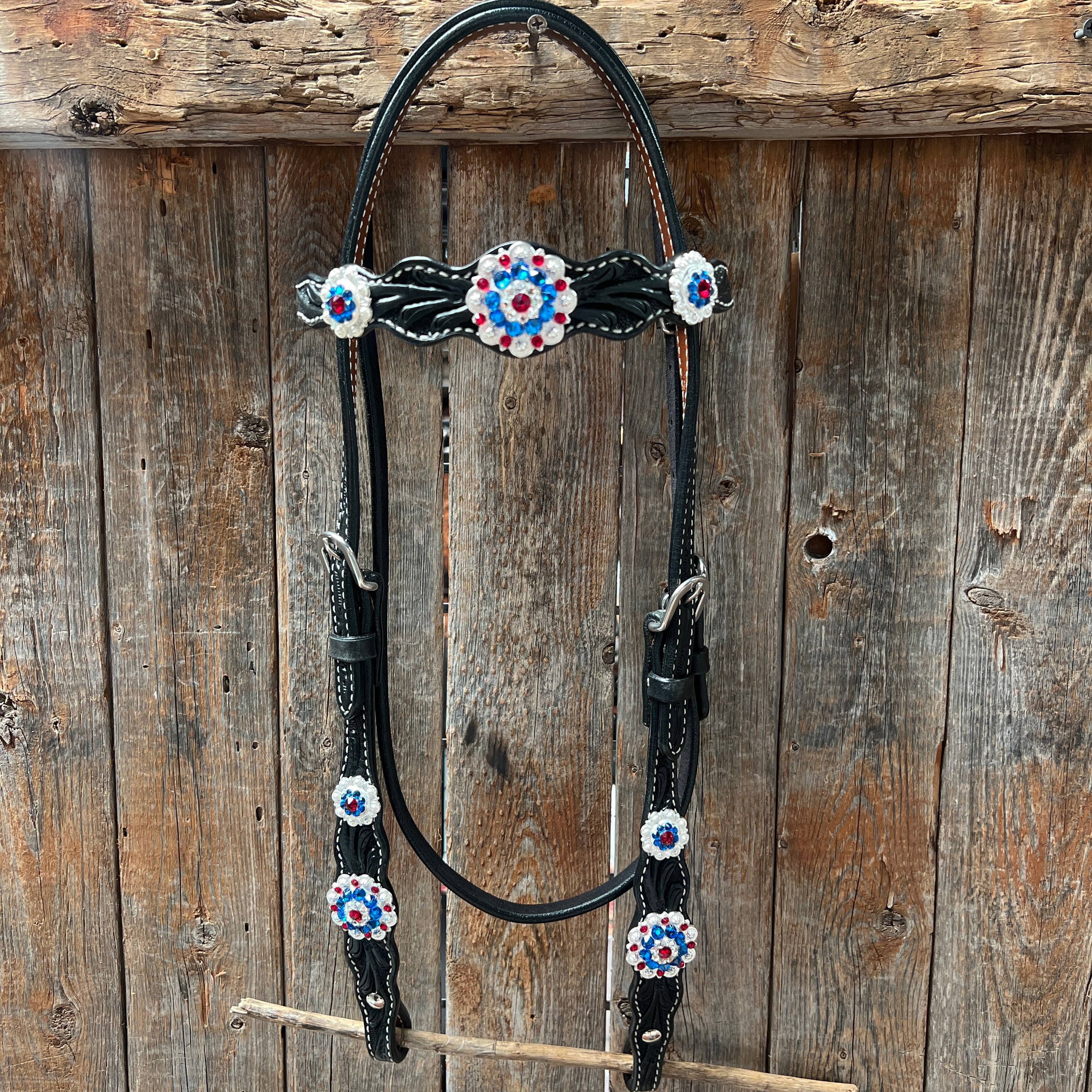 Black Floral Bright Red, White and Blue Browband / One Ear Tack Set #BBBC281