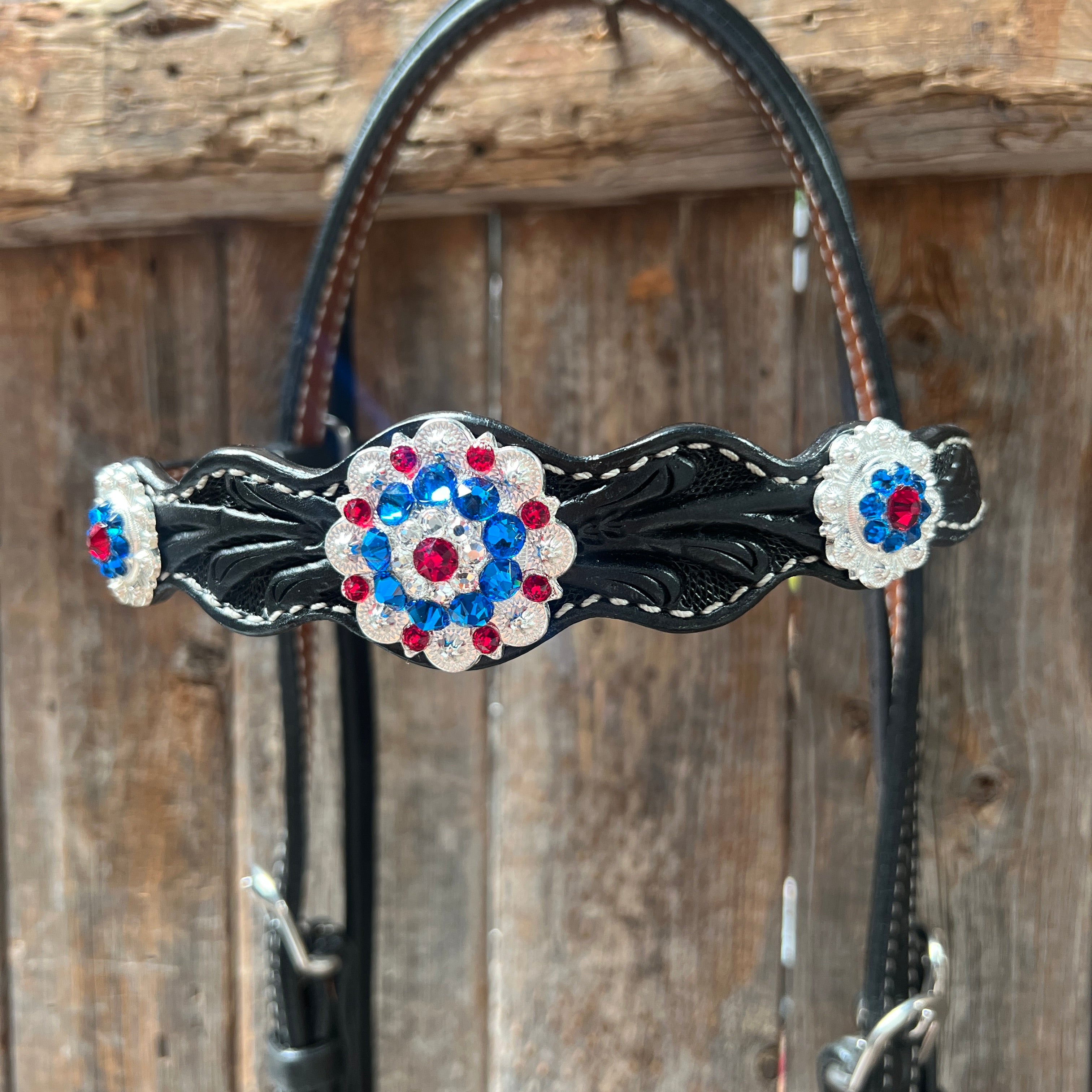 Black Floral Bright Red, White and Blue Browband / One Ear Tack Set #BBBC281