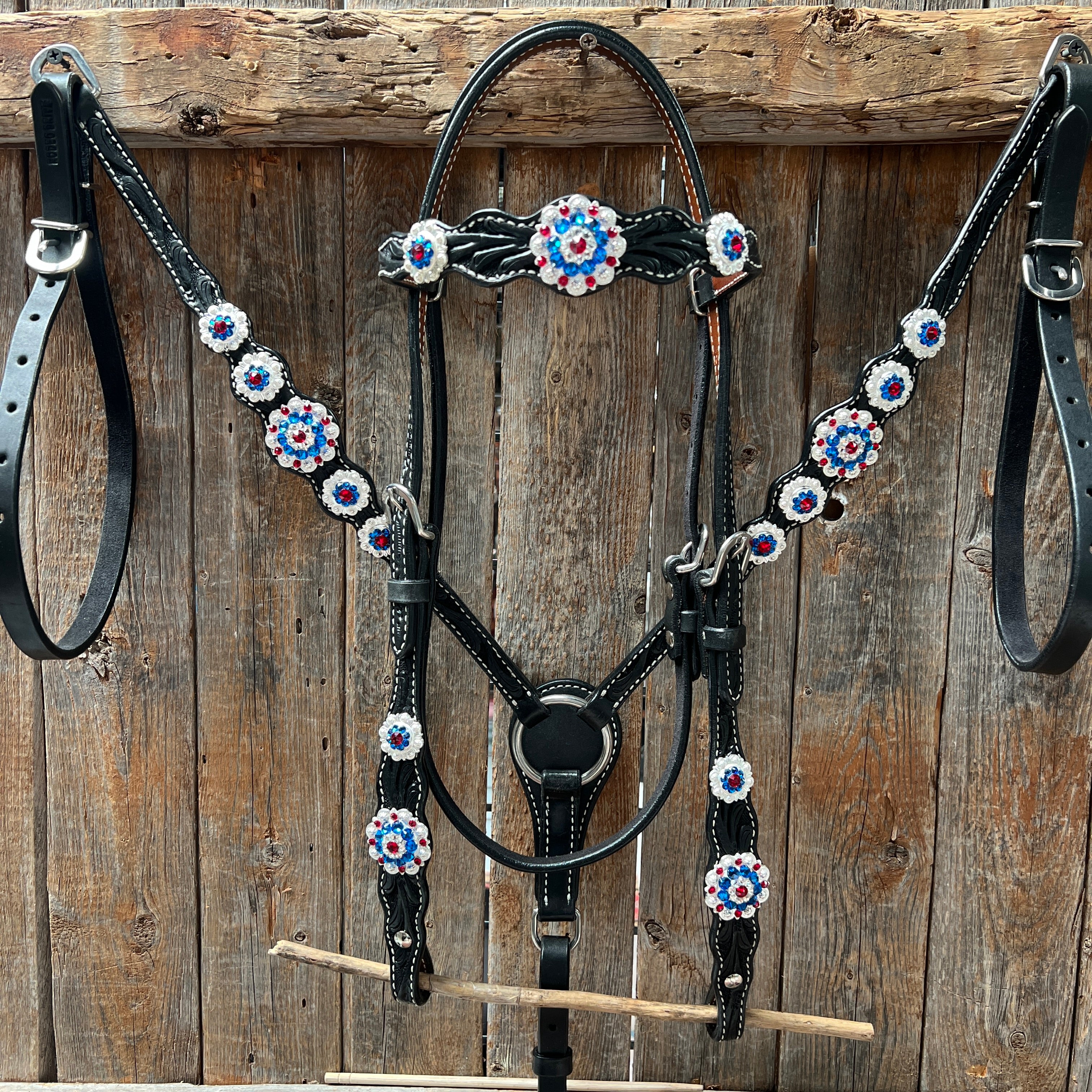 Black Floral Bright Red, White and Blue Browband / One Ear Tack Set #BBBC281